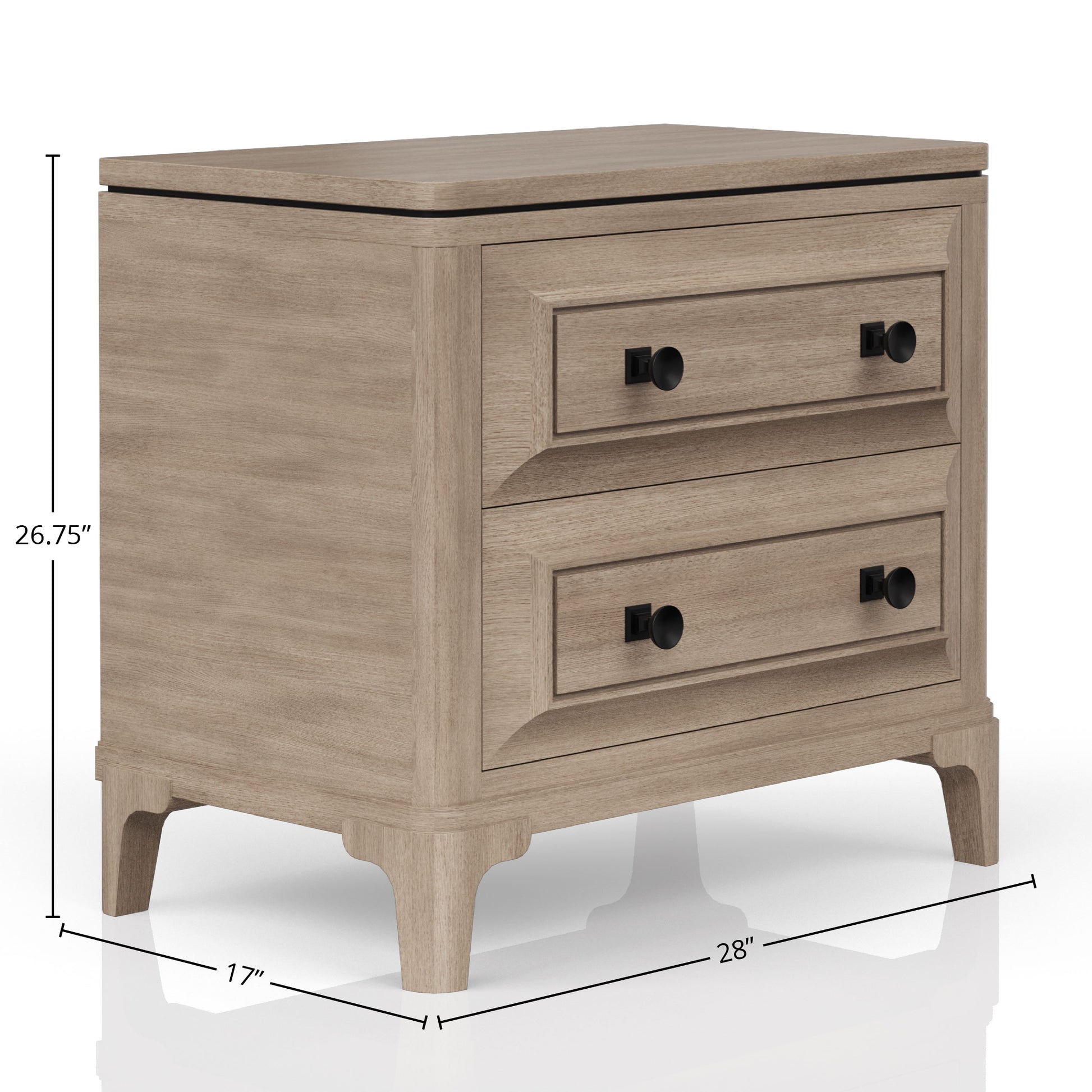 Light oak bedside table with two drawers and black hardware