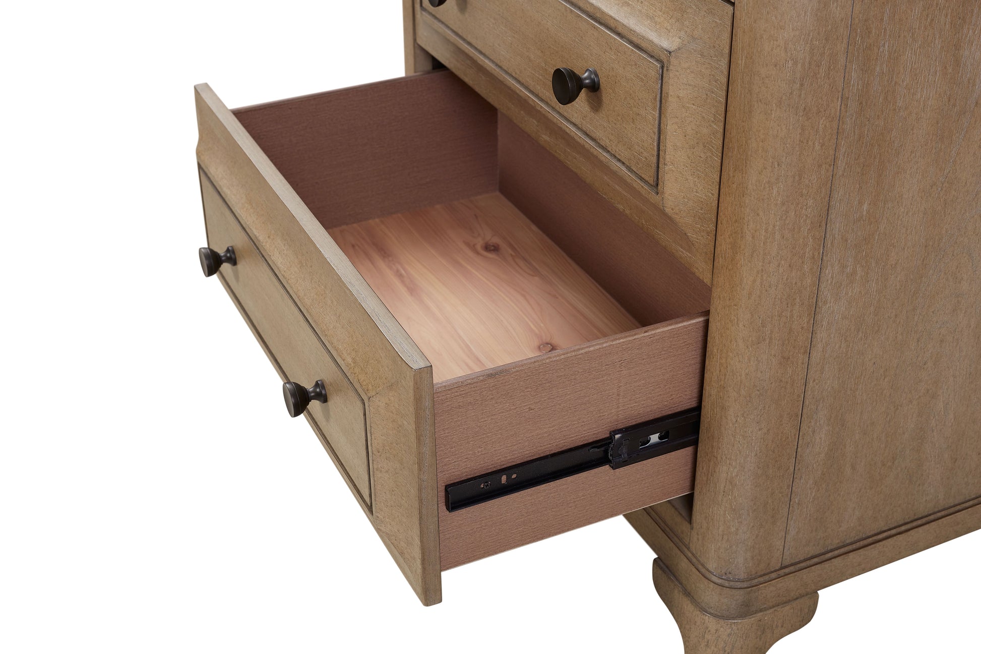 Rustic oak nightstand with one open drawer and antique bronze hardware