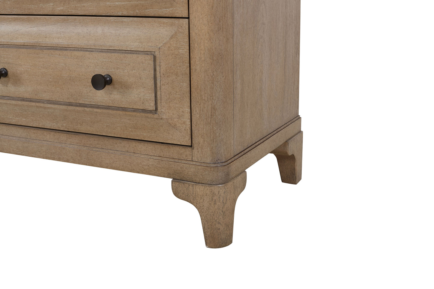 Rustic oak wood dresser with dark knobs and carved legs