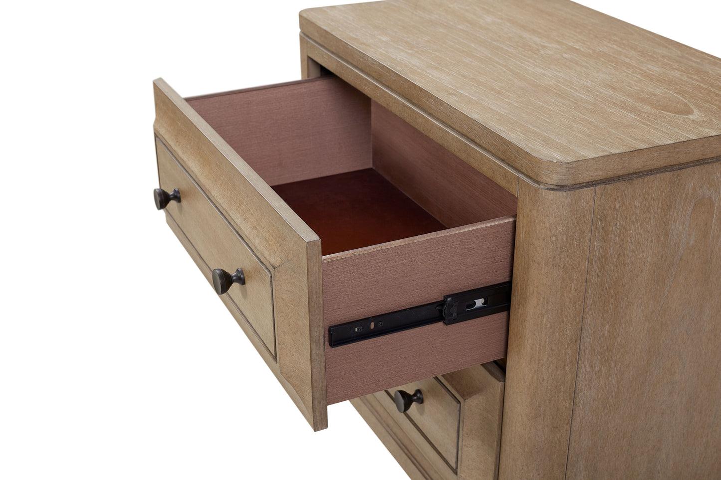 Wooden nightstand with open drawer revealing storage space