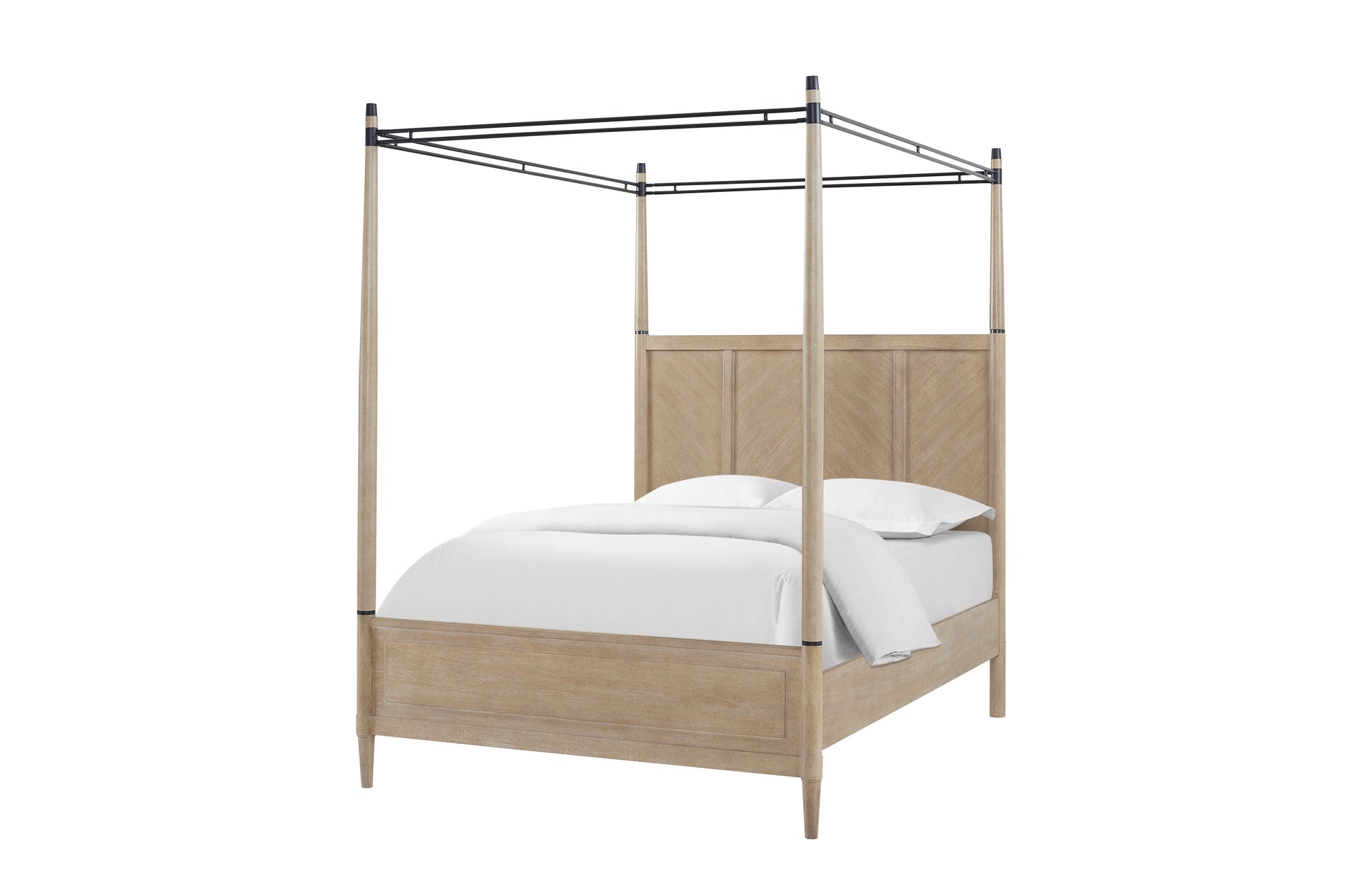 Light oak wood canopy bed with a slatted headboard and black metal frame