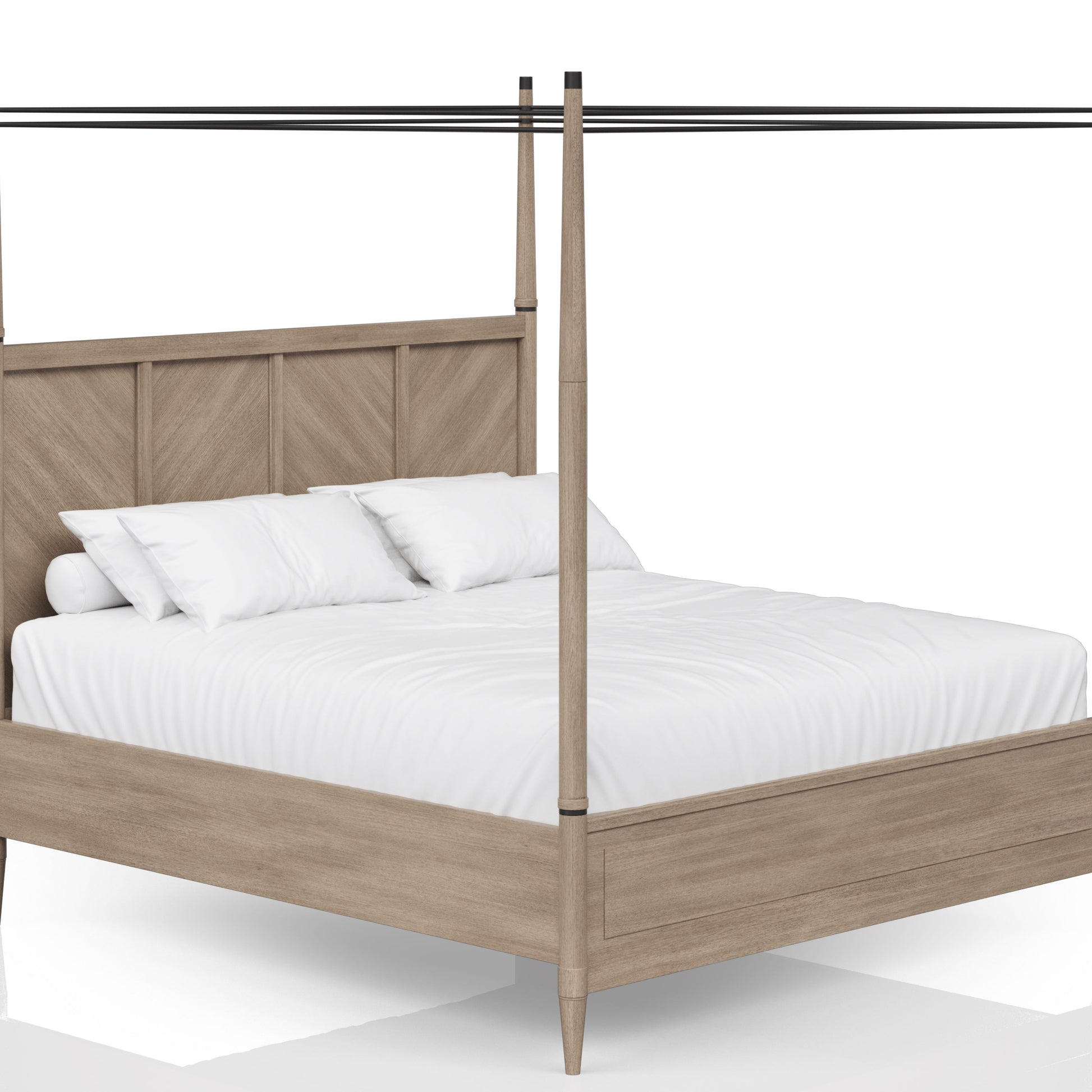 Wooden fourposter bed frame with tufted headboard and white bedding