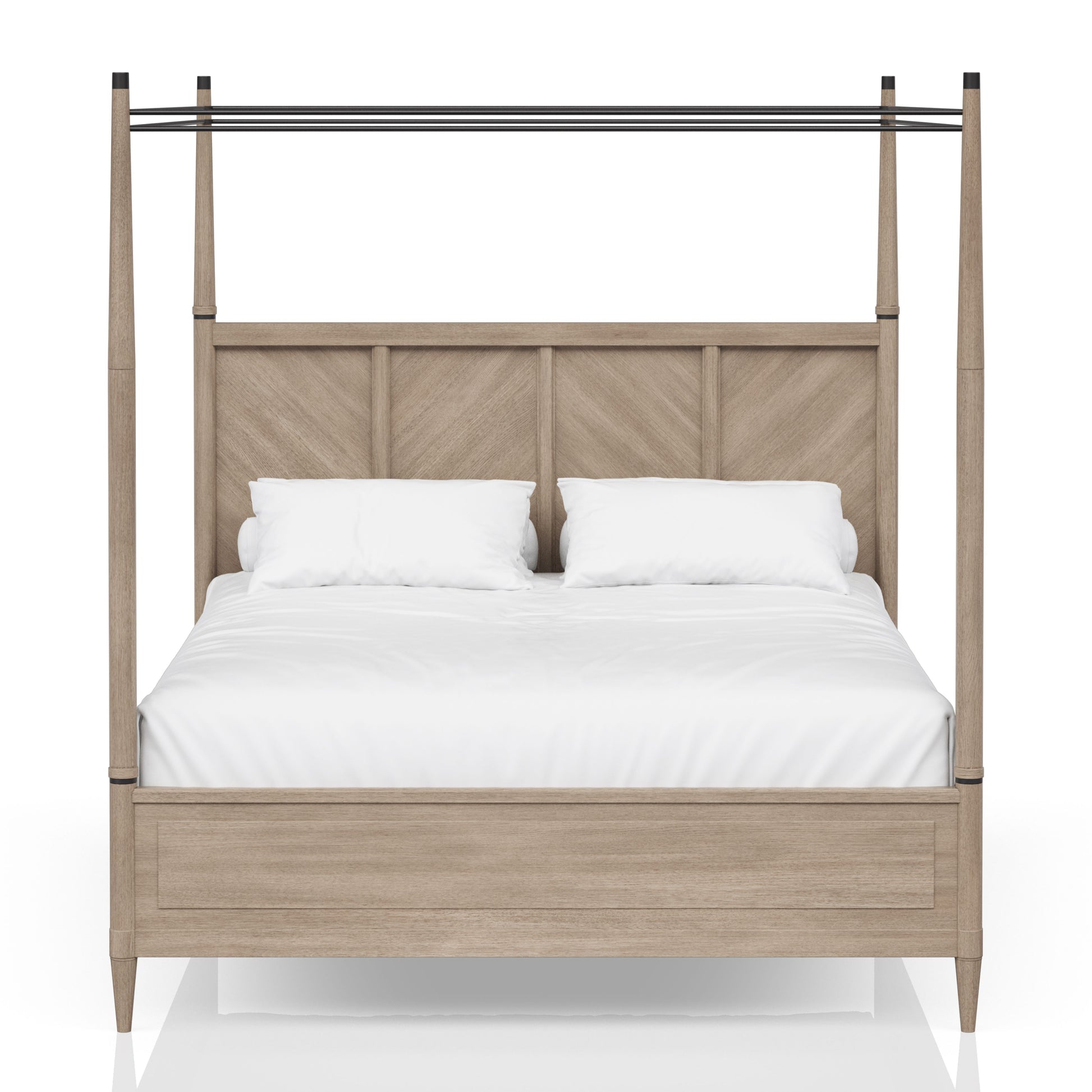 Light oak fourposter bed with minimalist metal canopy
