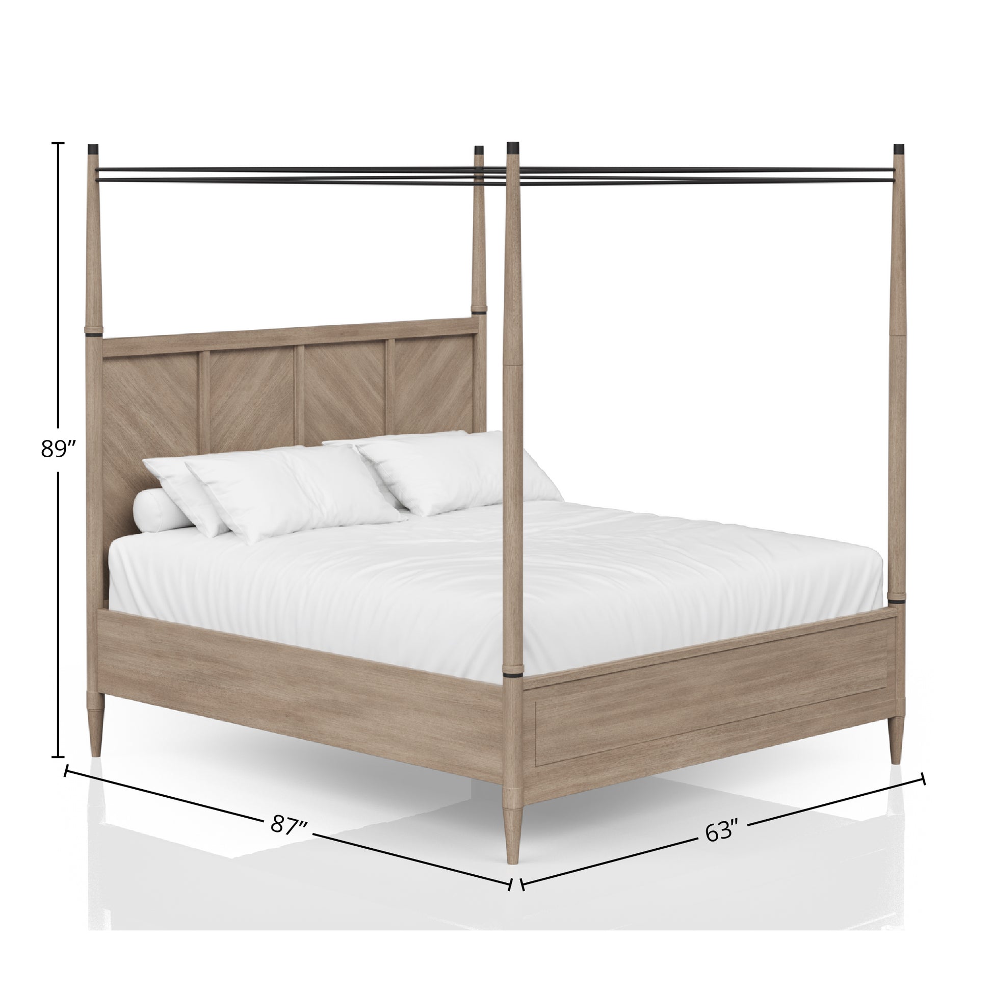 Natural wood four poster bed with paneled headboard and metal canopy frame