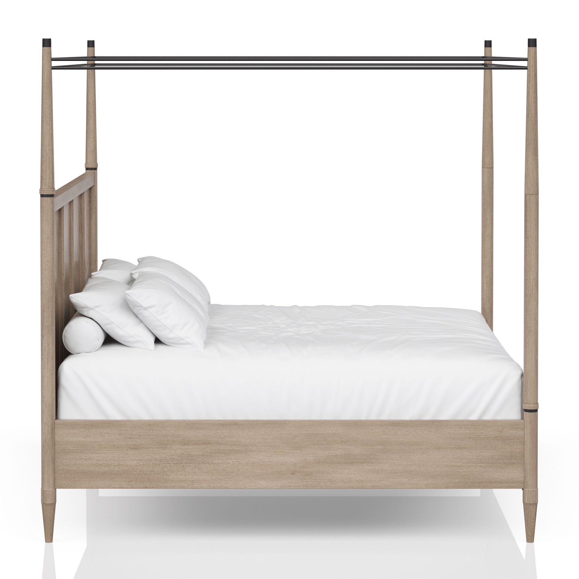 Light oak wood fourposter bed frame with minimalist black metal canopy rods