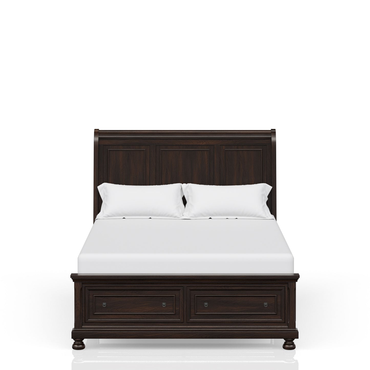 Dark wood queen sleigh bed with storage drawers and white bedding