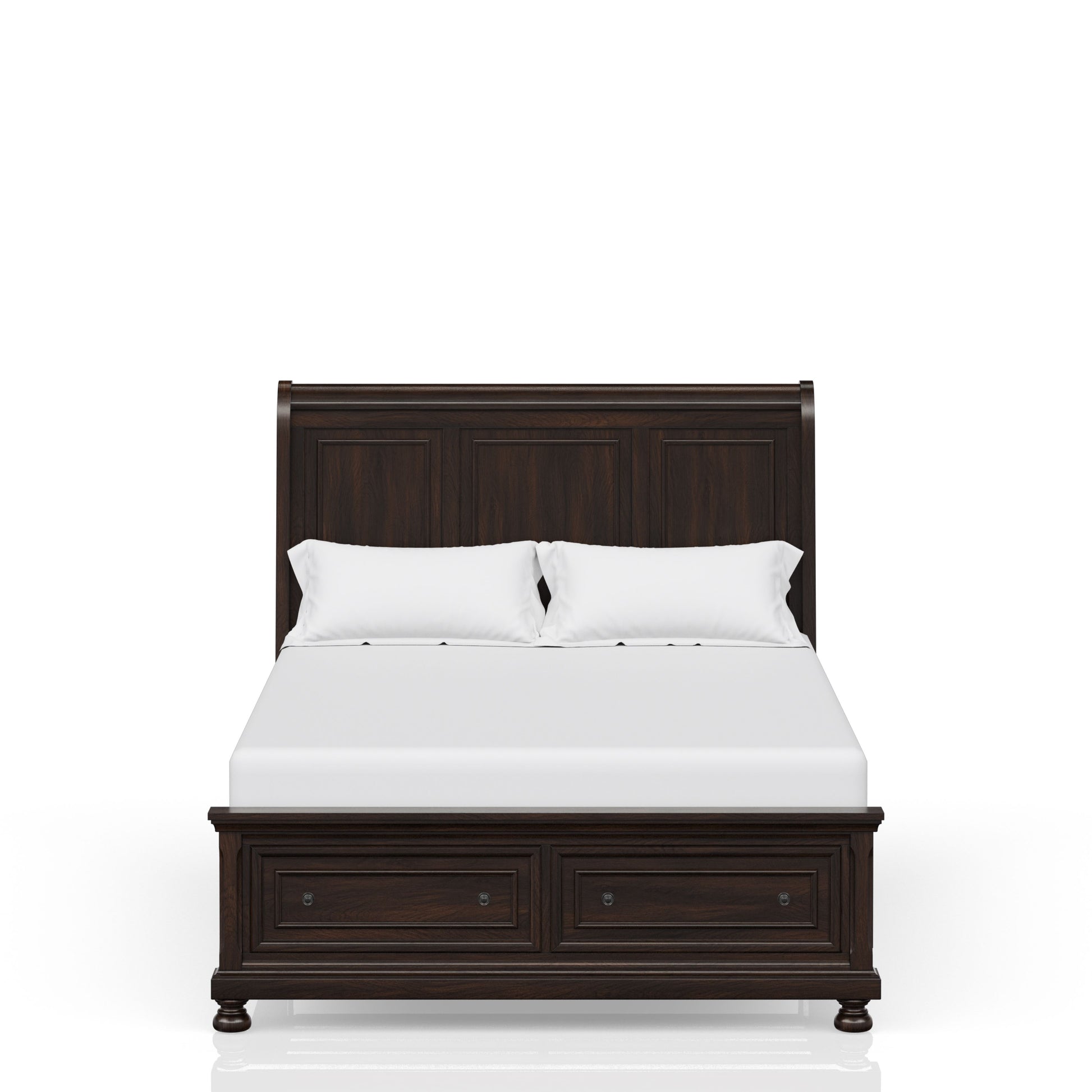Dark wood queen sleigh bed with storage drawers and white bedding