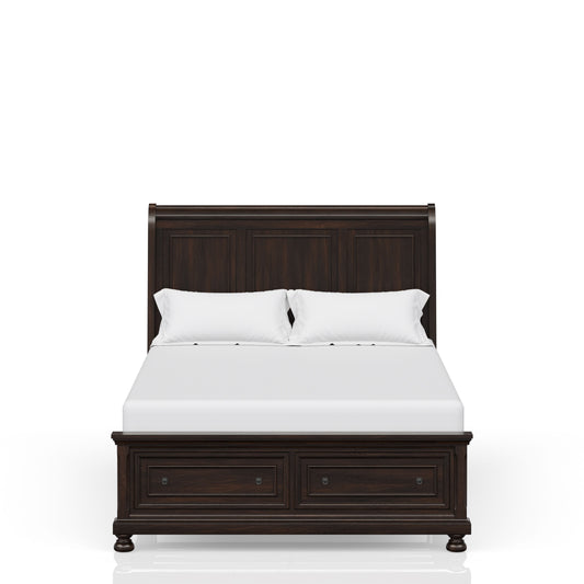 Dark wood queen sleigh bed with storage drawers and white bedding