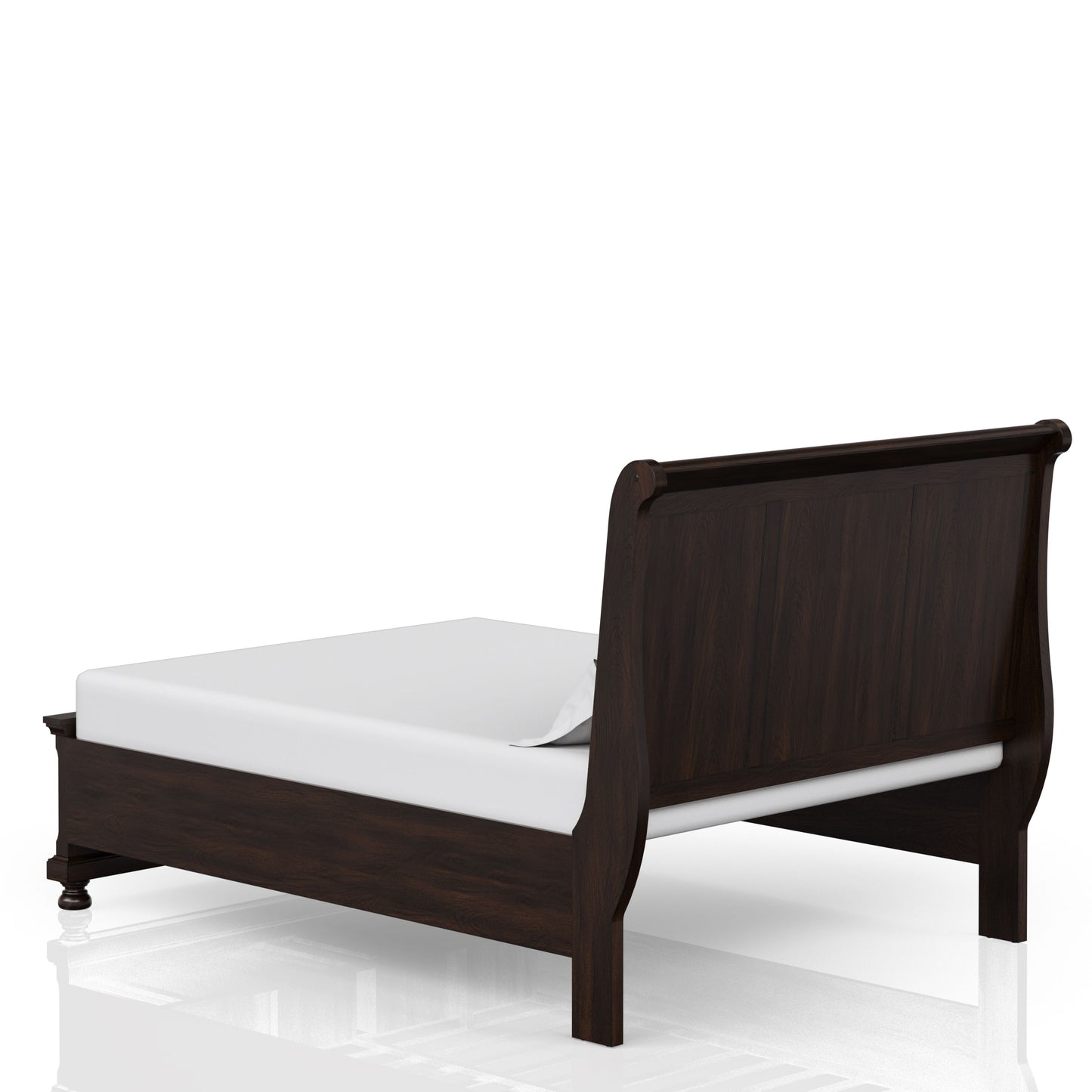 Dark wood sleigh bed frame with white mattress and pillow