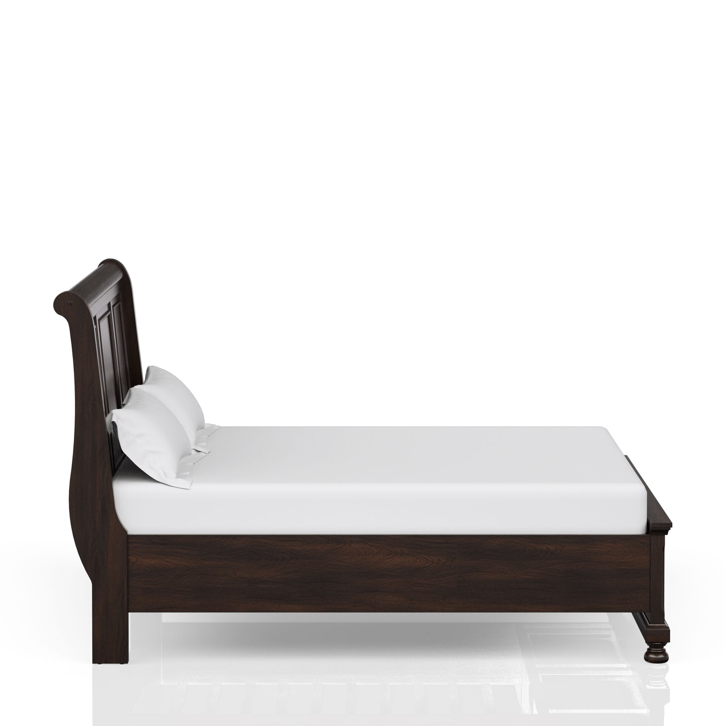 Dark brown wooden sleigh bed frame with white linens and two pillows