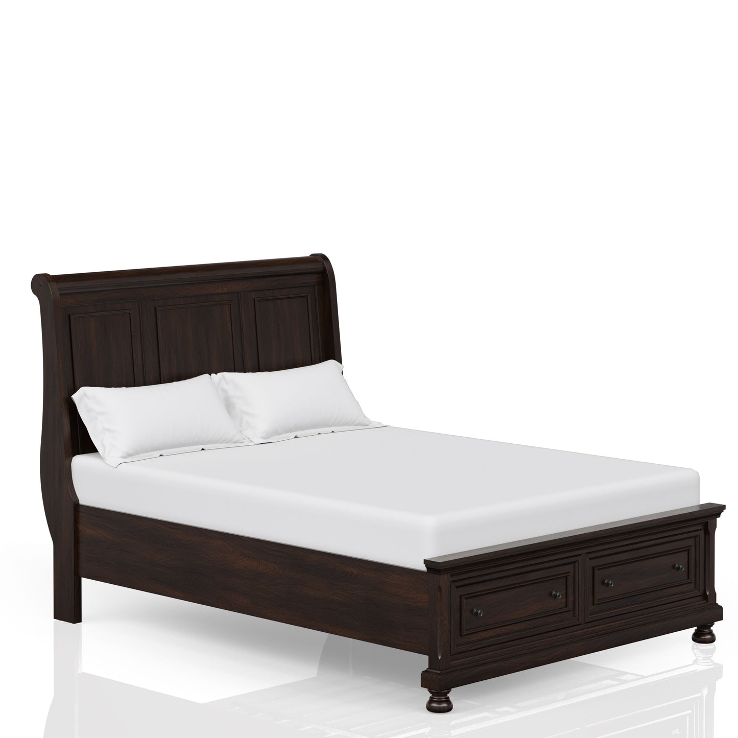 Dark brown wood sleigh bed frame with storage drawers and white linens
