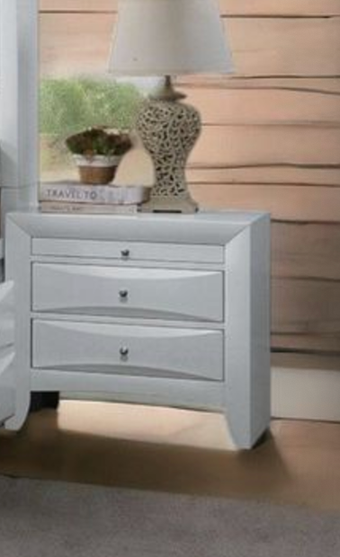 White threedrawer nightstand with silver knobs