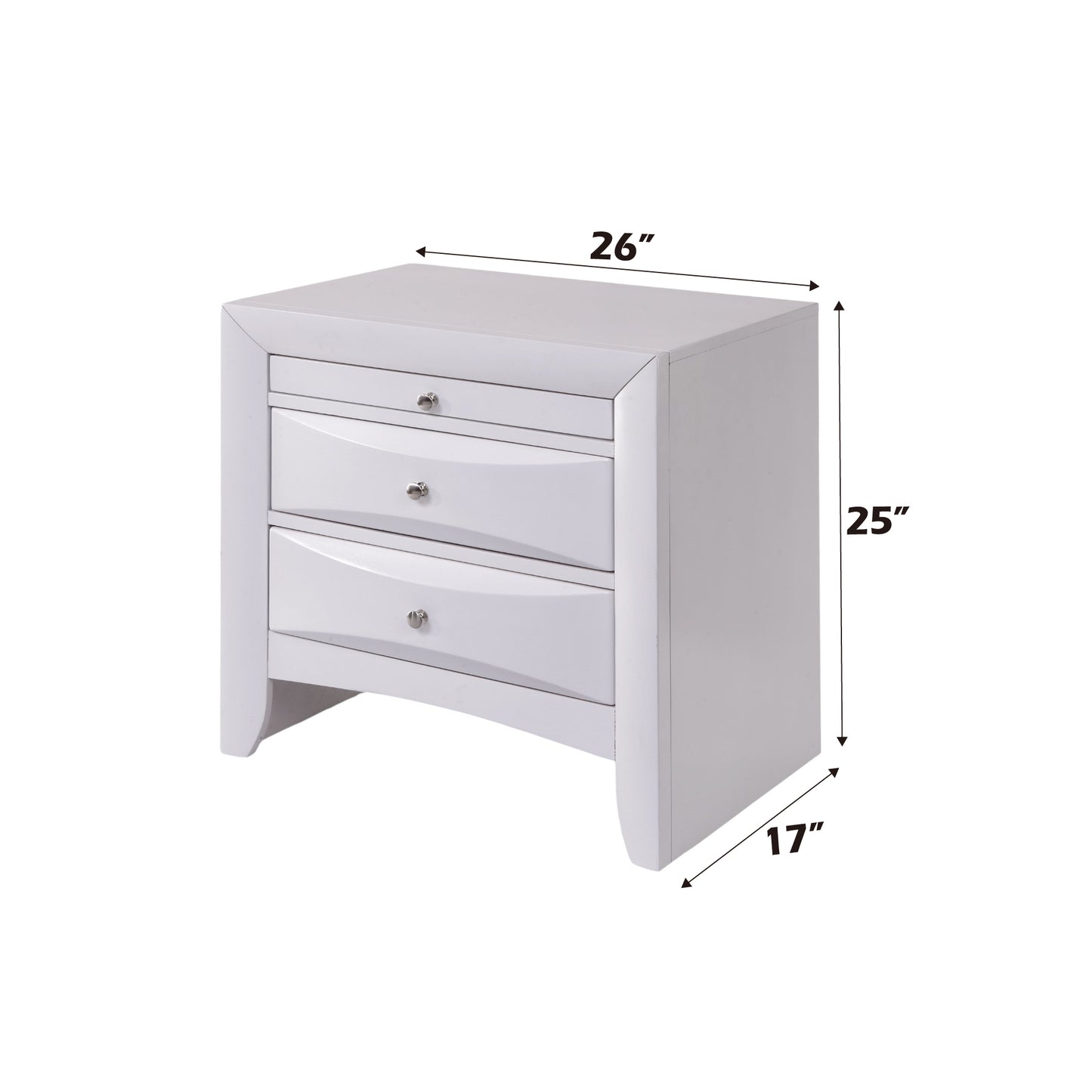 White threedrawer nightstand with silver knobs