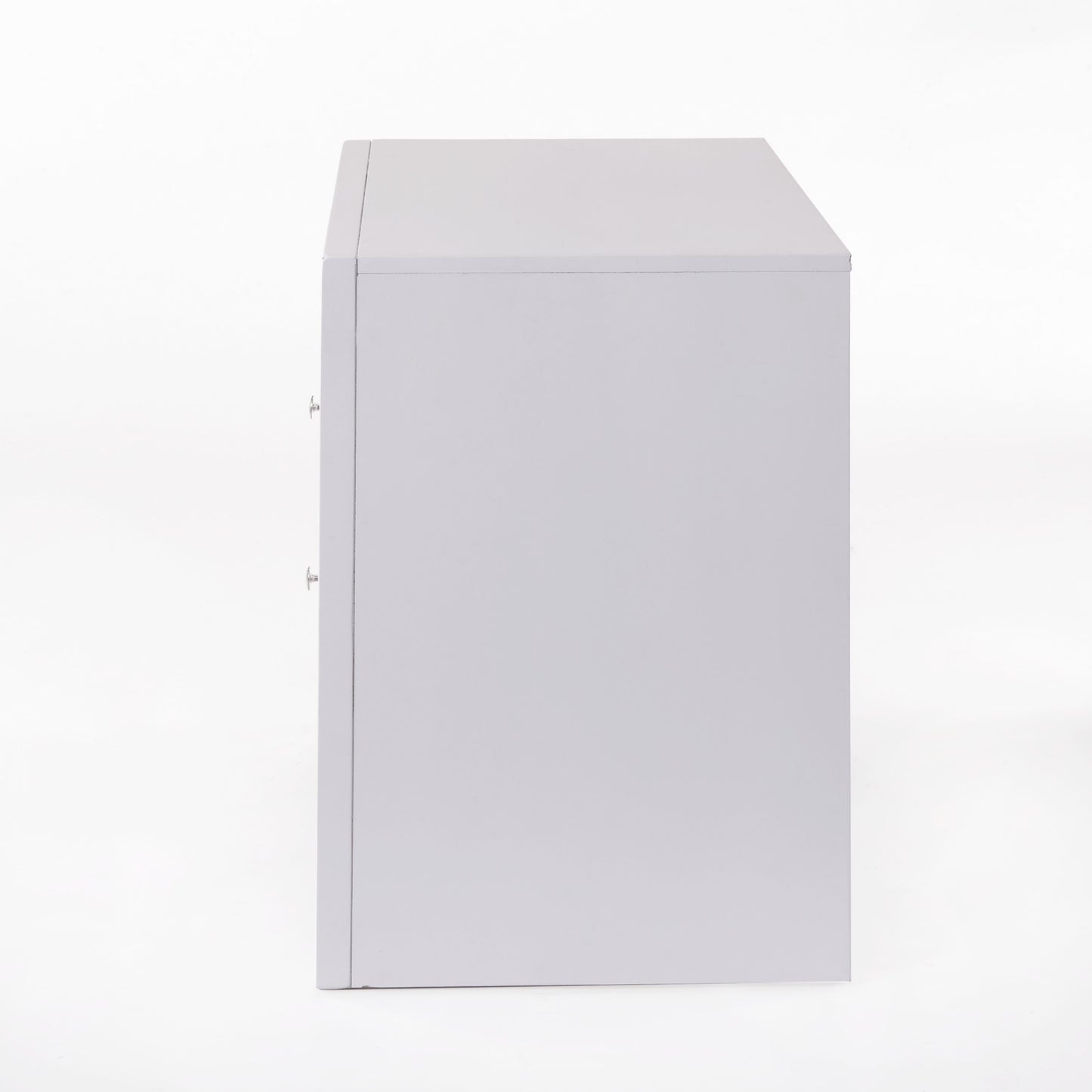 Light grey filing cabinet side view with silver handles