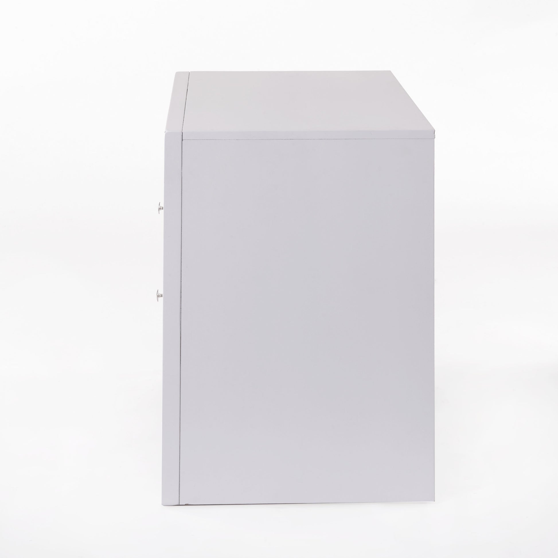 Light grey filing cabinet side view with silver handles