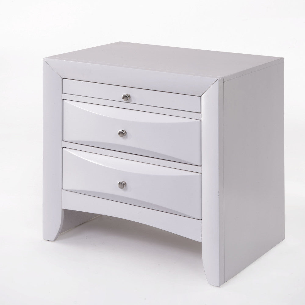 Threedrawer white modern nightstand with curved drawer fronts and silver knobs