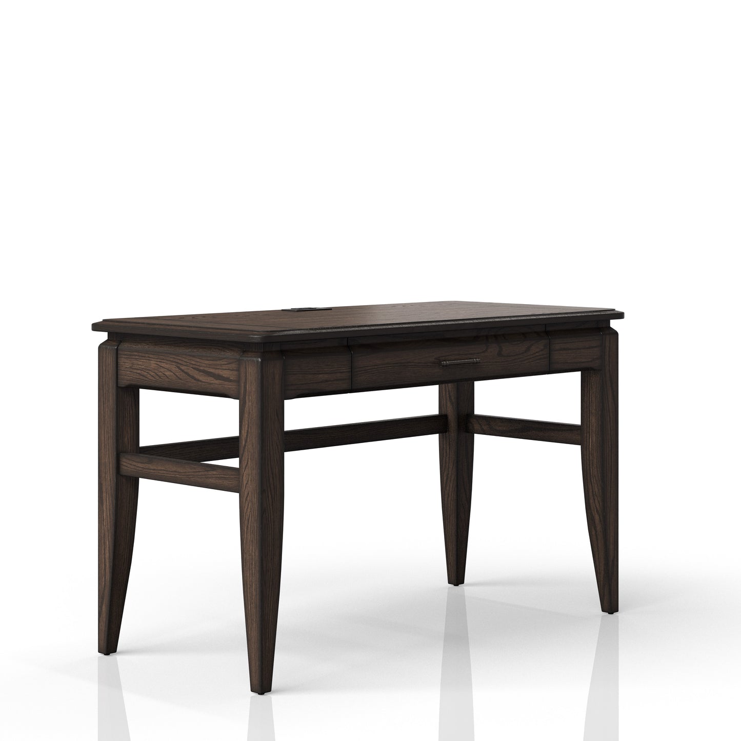 Dark oak wood writing desk with tapered legs and subtle drawer detail