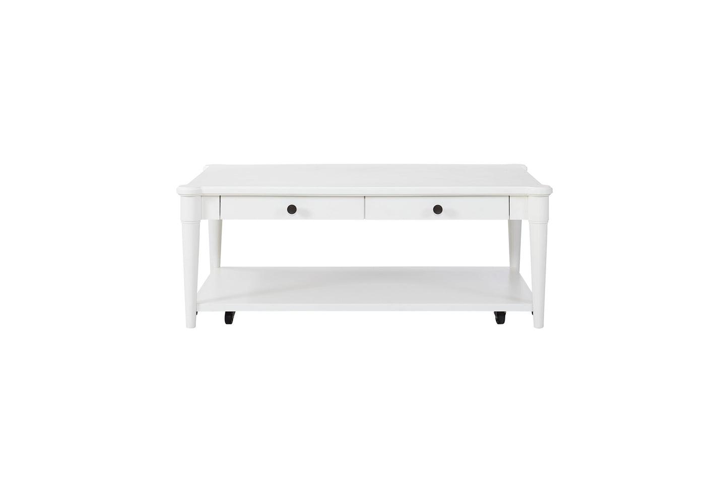 White wooden coffee table with two drawers and a lower shelf