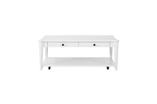 White wooden coffee table with two drawers and a lower shelf