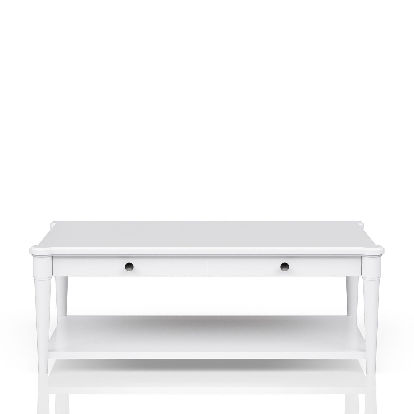 Elegant white coffee table with two drawers and lower shelf