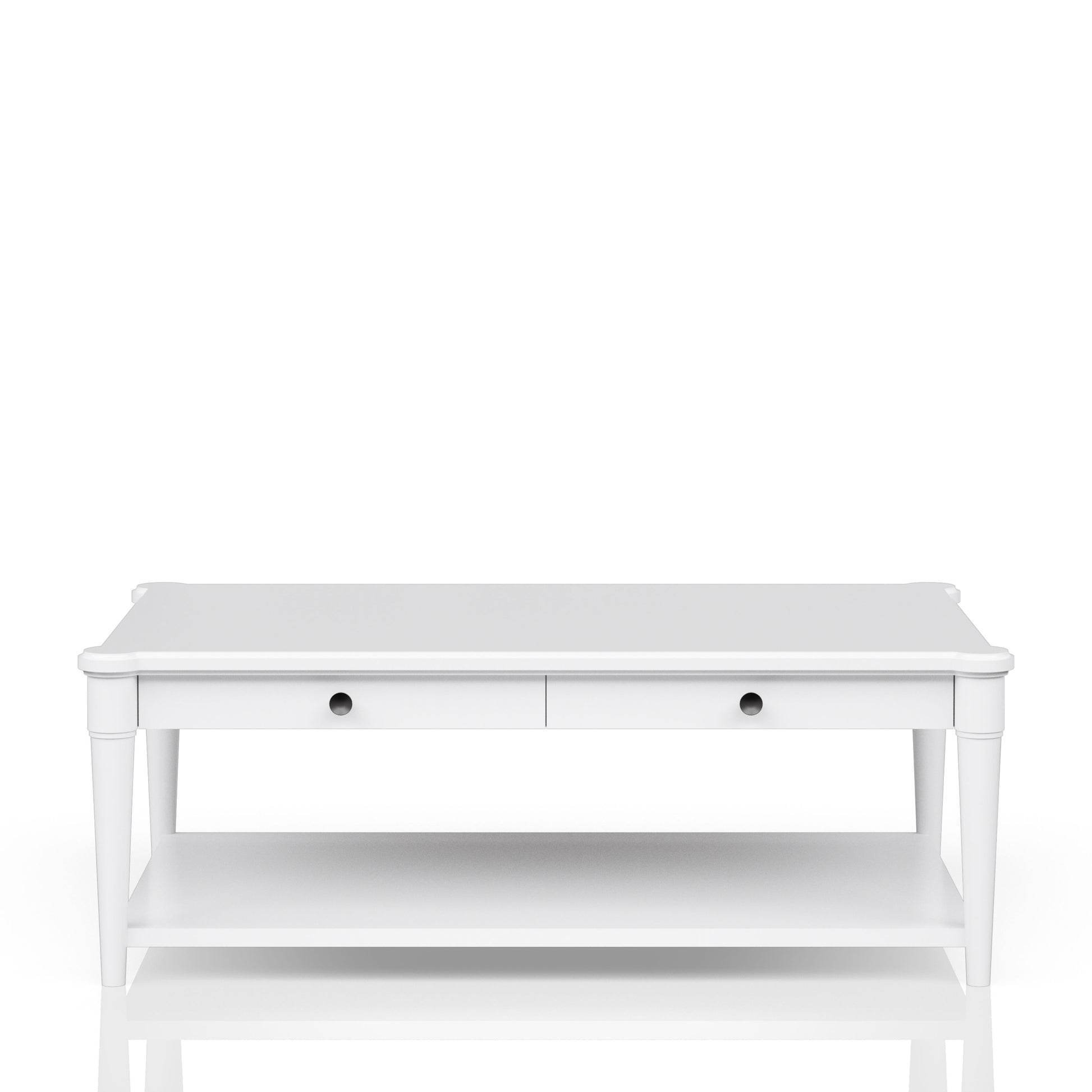 Elegant white coffee table with two drawers and lower shelf