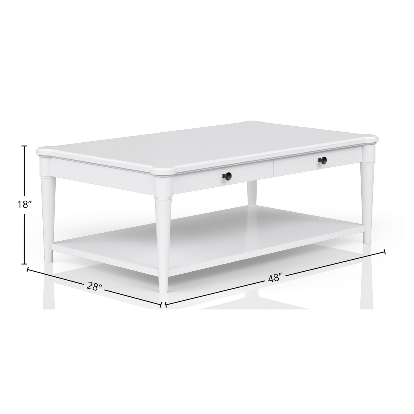 White wooden coffee table with two drawers and a lower shelf
