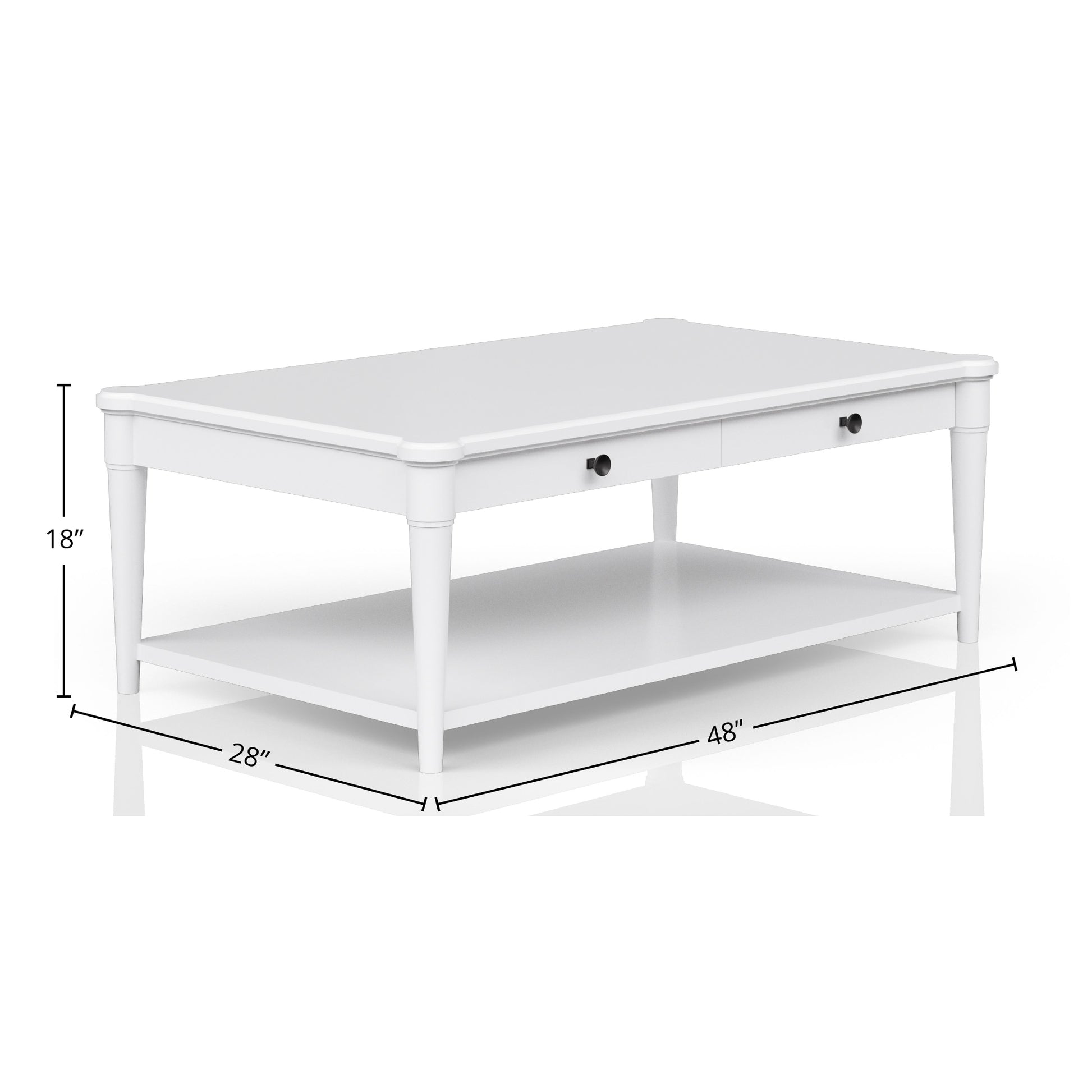 White wooden coffee table with two drawers and a lower shelf