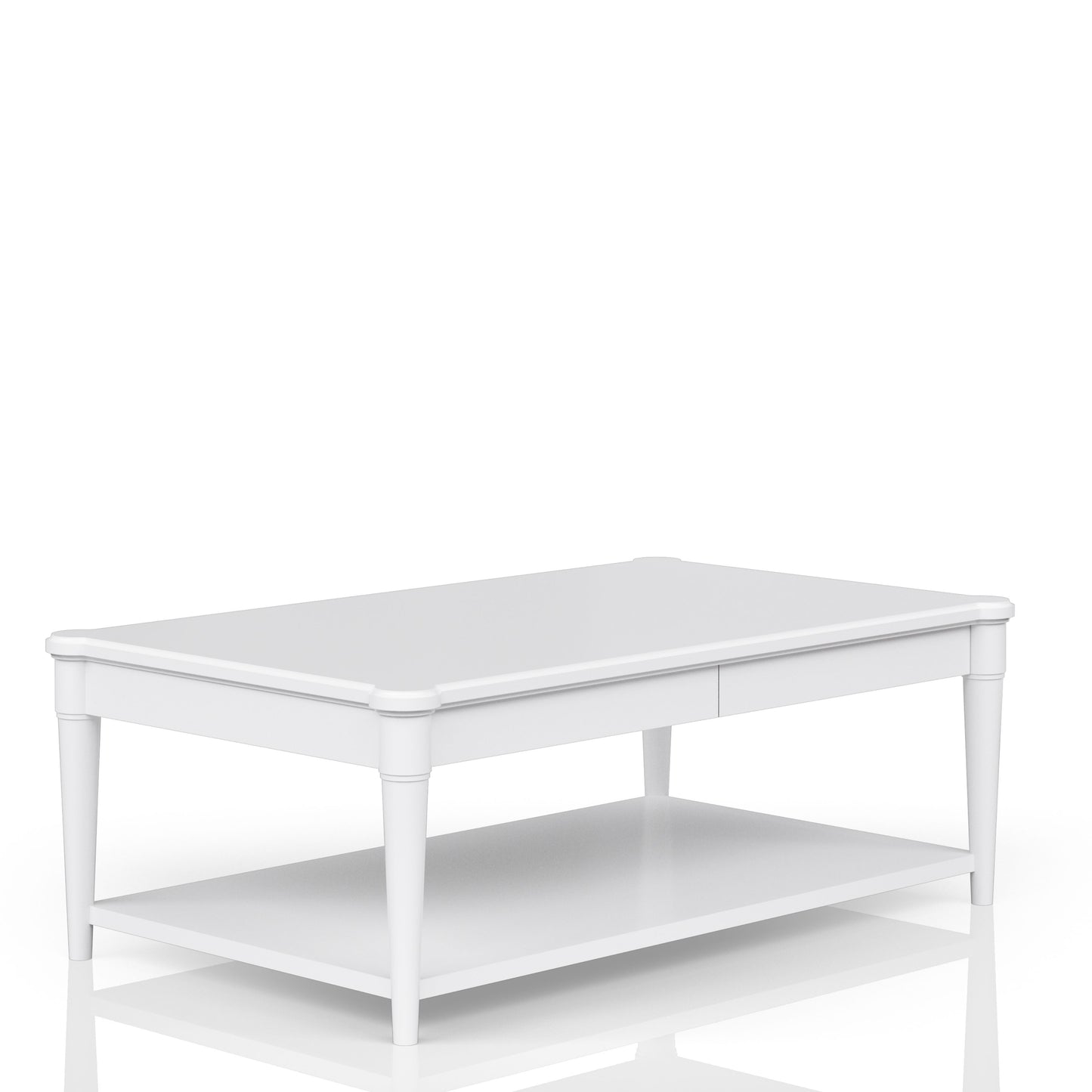 White rectangular coffee table with two tiers and subtle drawer detail