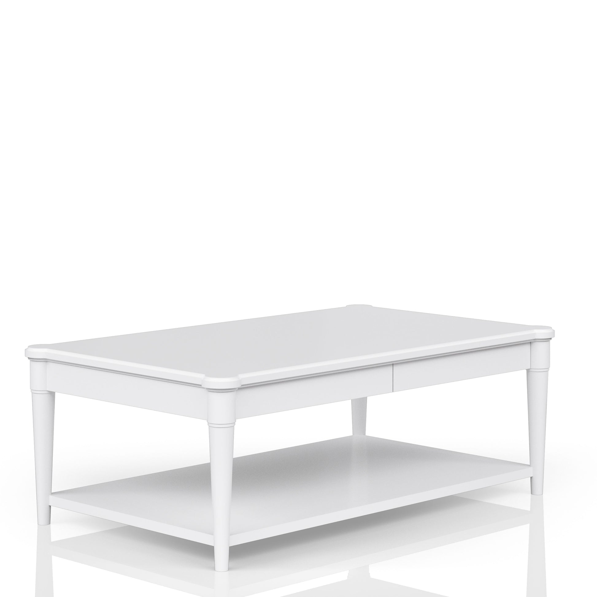 White rectangular coffee table with two tiers and subtle drawer detail