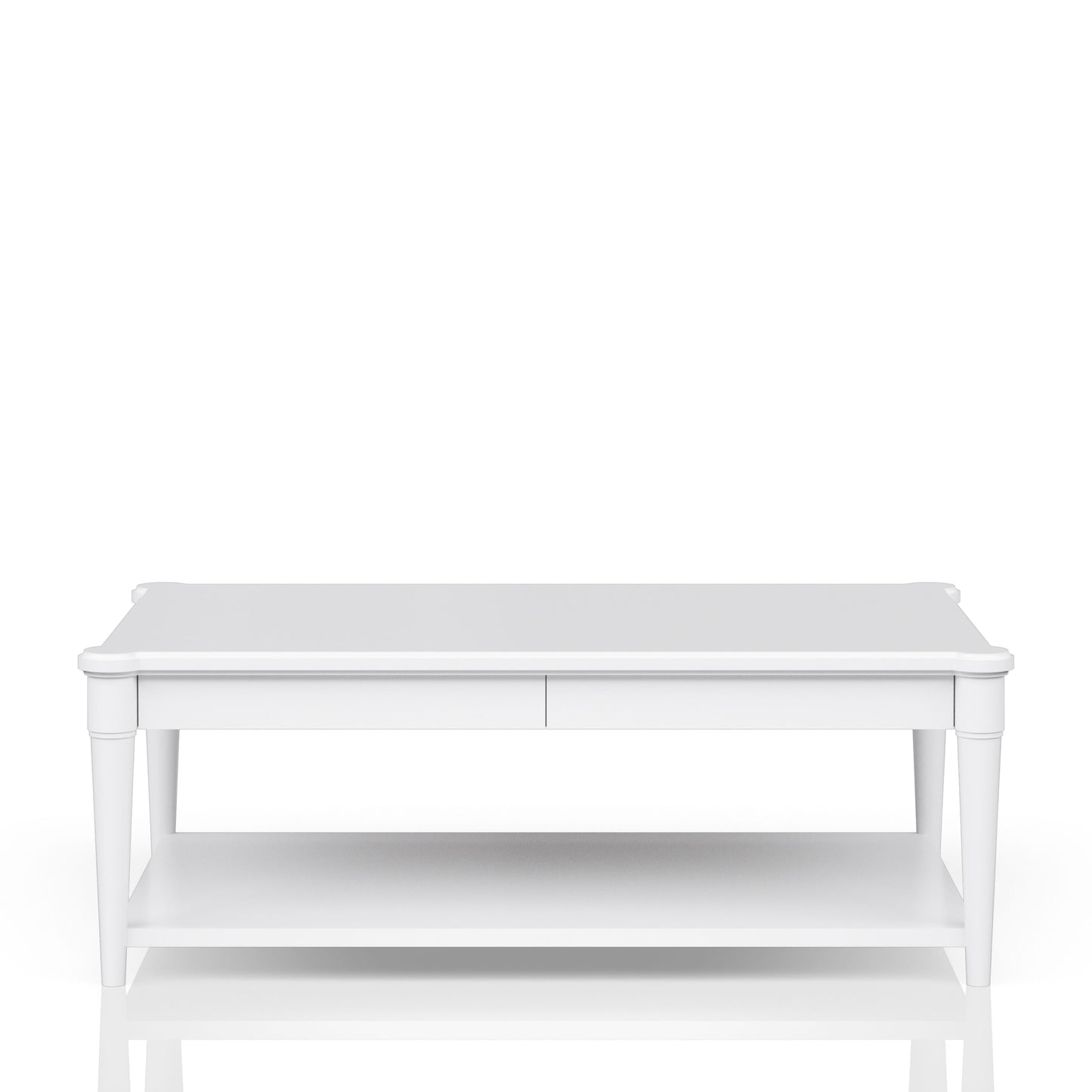 White wooden coffee table with two drawers and a lower shelf