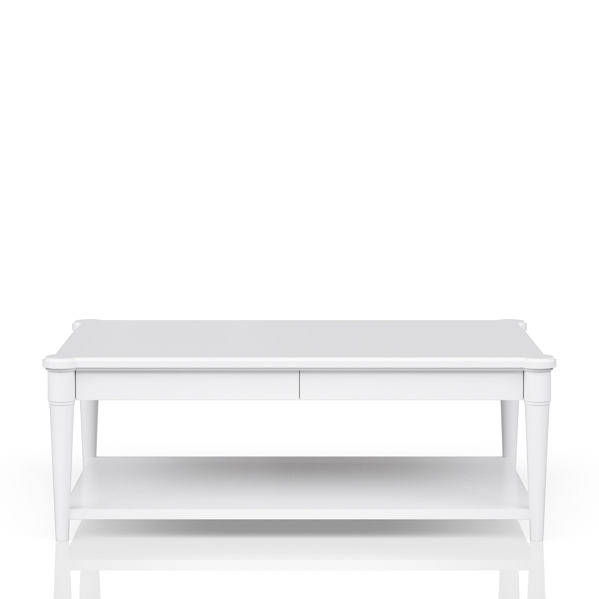 White wooden coffee table with two drawers and a lower shelf