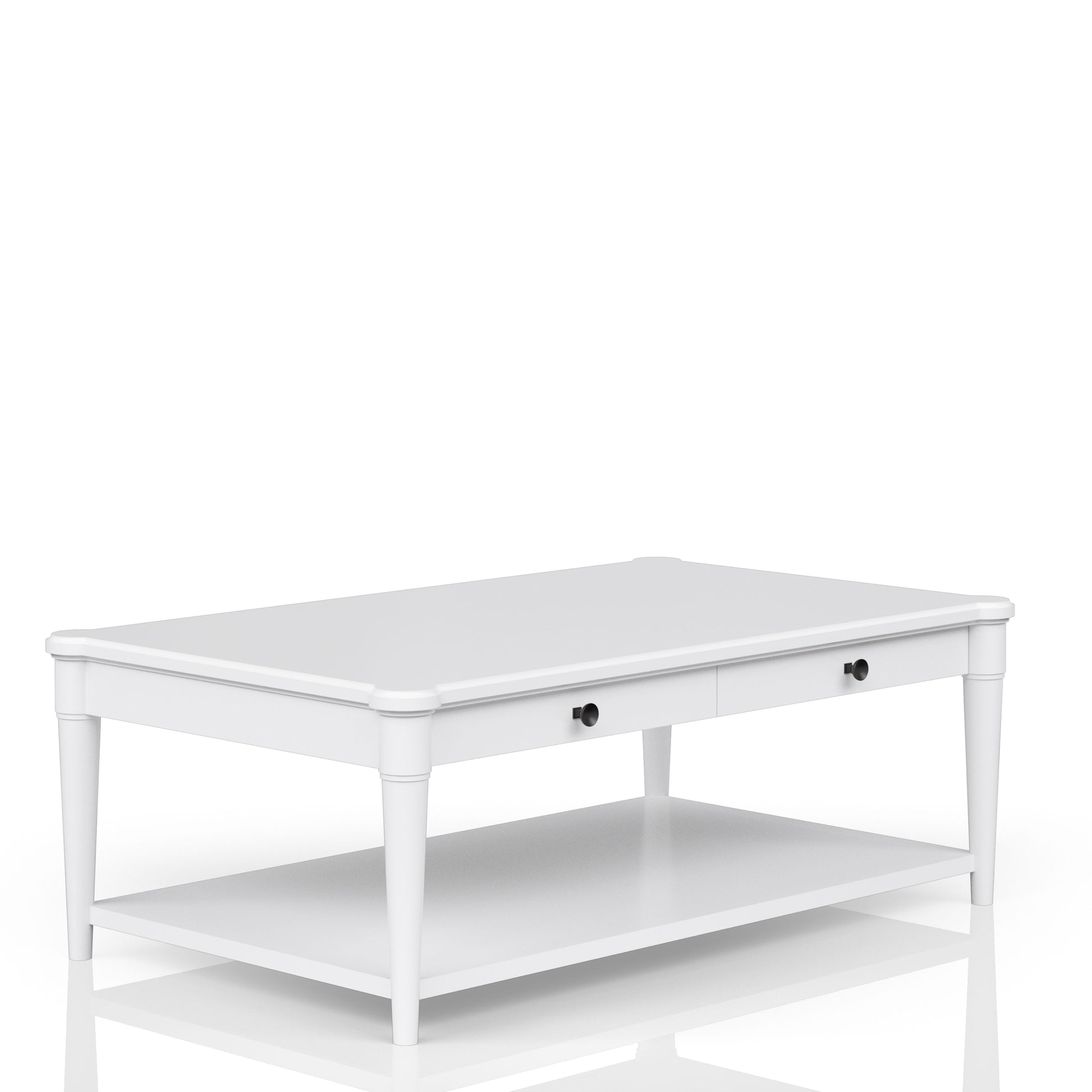 Classic white coffee table with two drawers and lower shelf for storage