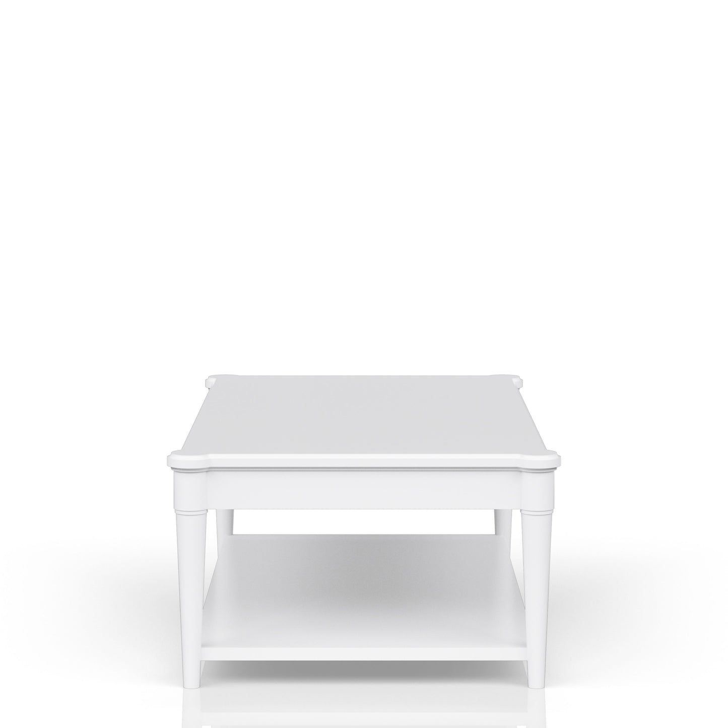 White square coffee table with lower shelf and carved legs