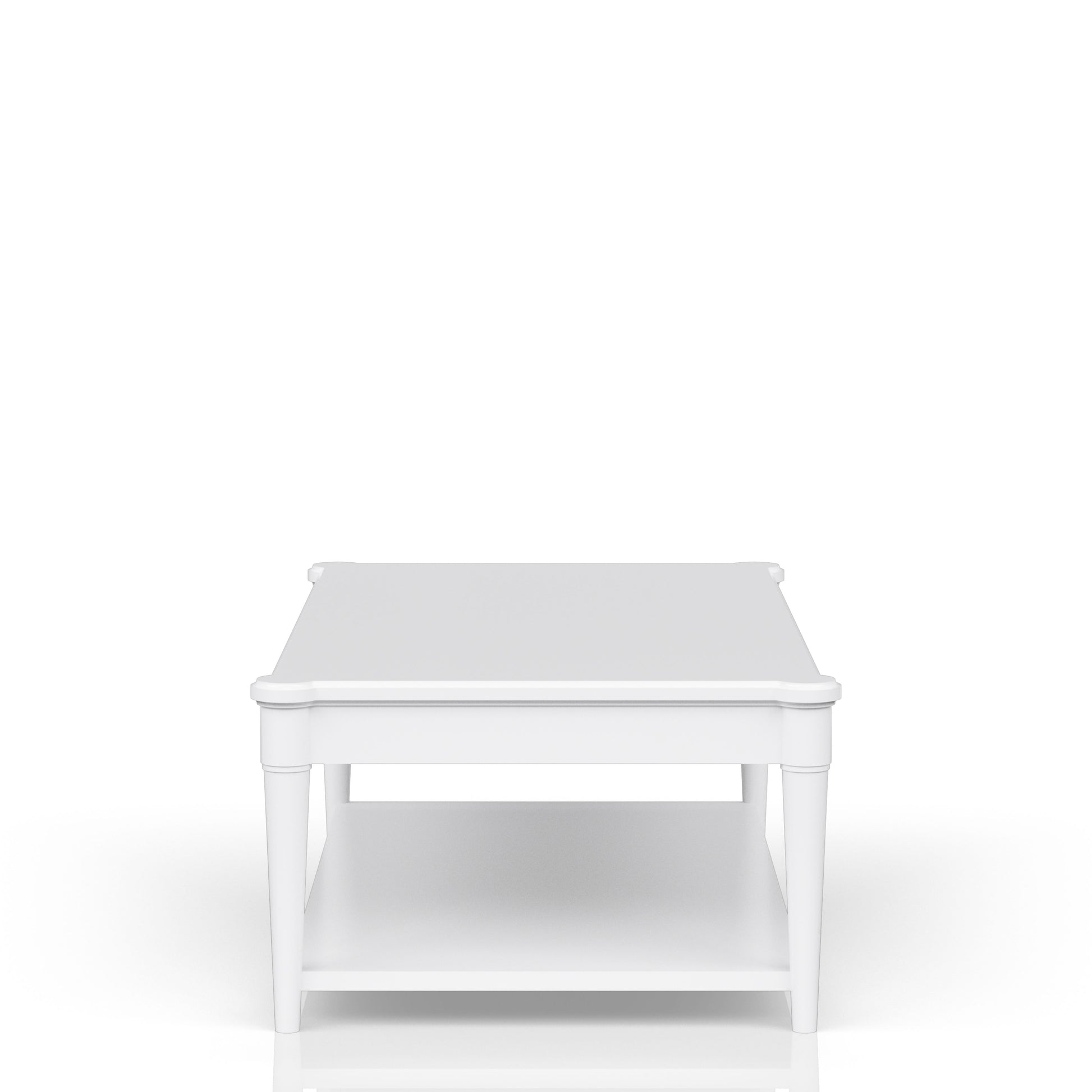 White square coffee table with lower shelf and carved legs