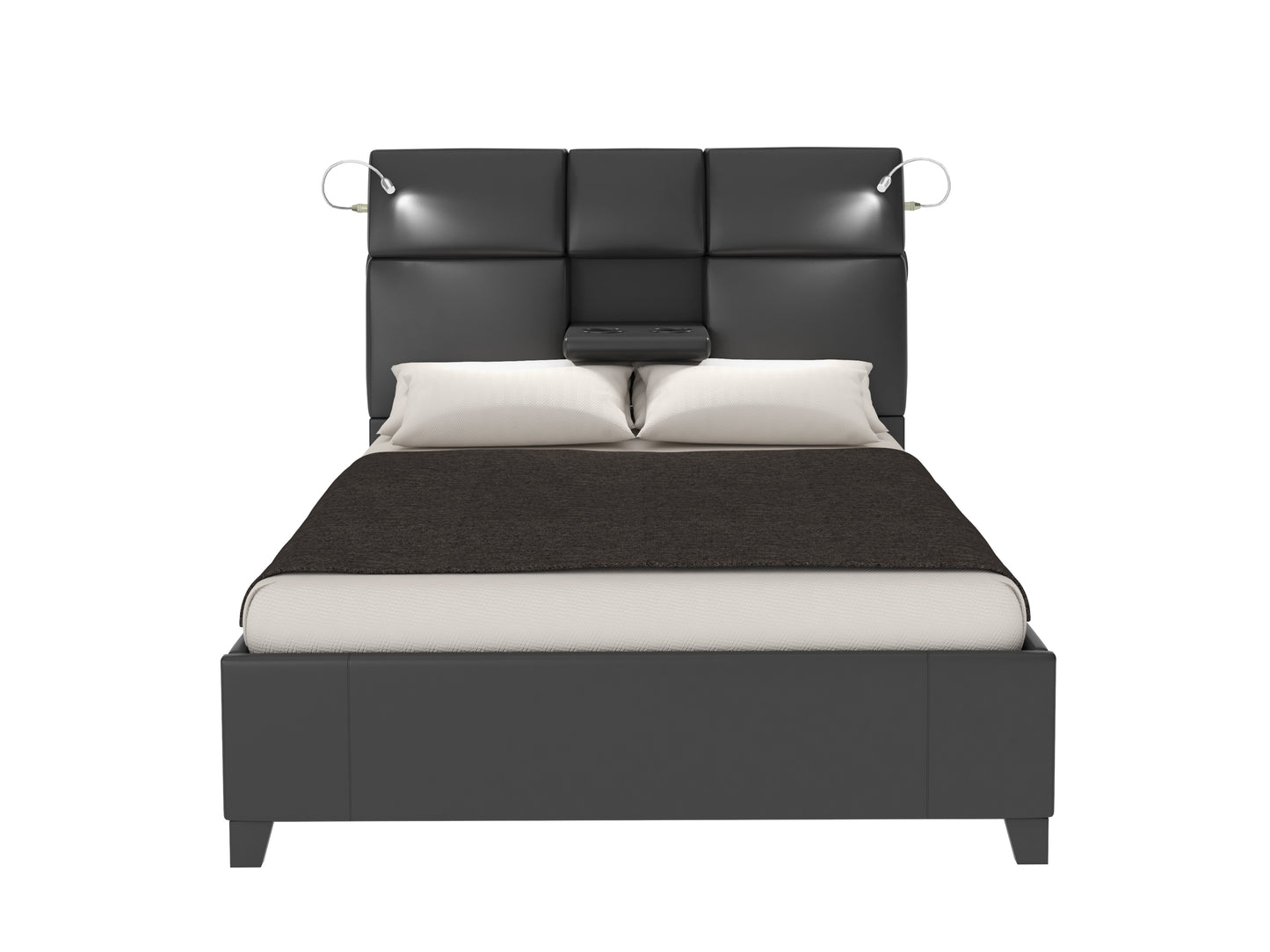Modern black leather bed frame with integrated headboard lights and bedside storage