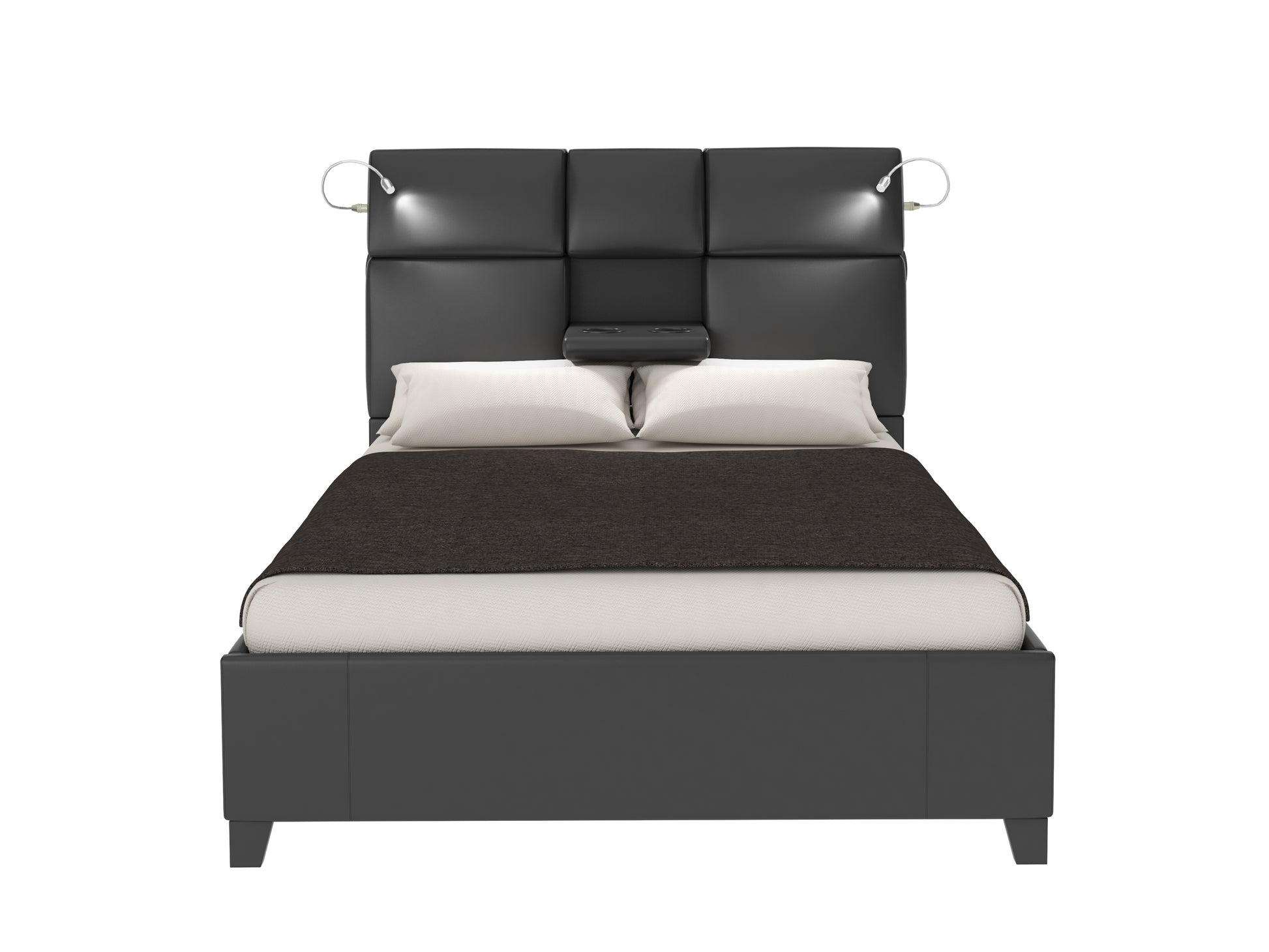 Modern black leather bed frame with integrated headboard lights and bedside storage