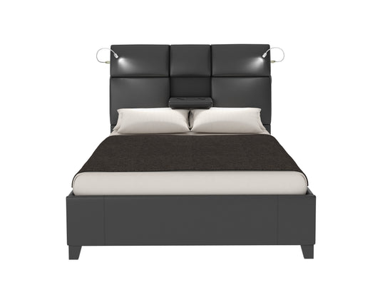 Modern black leather bed frame with integrated headboard lights and bedside storage