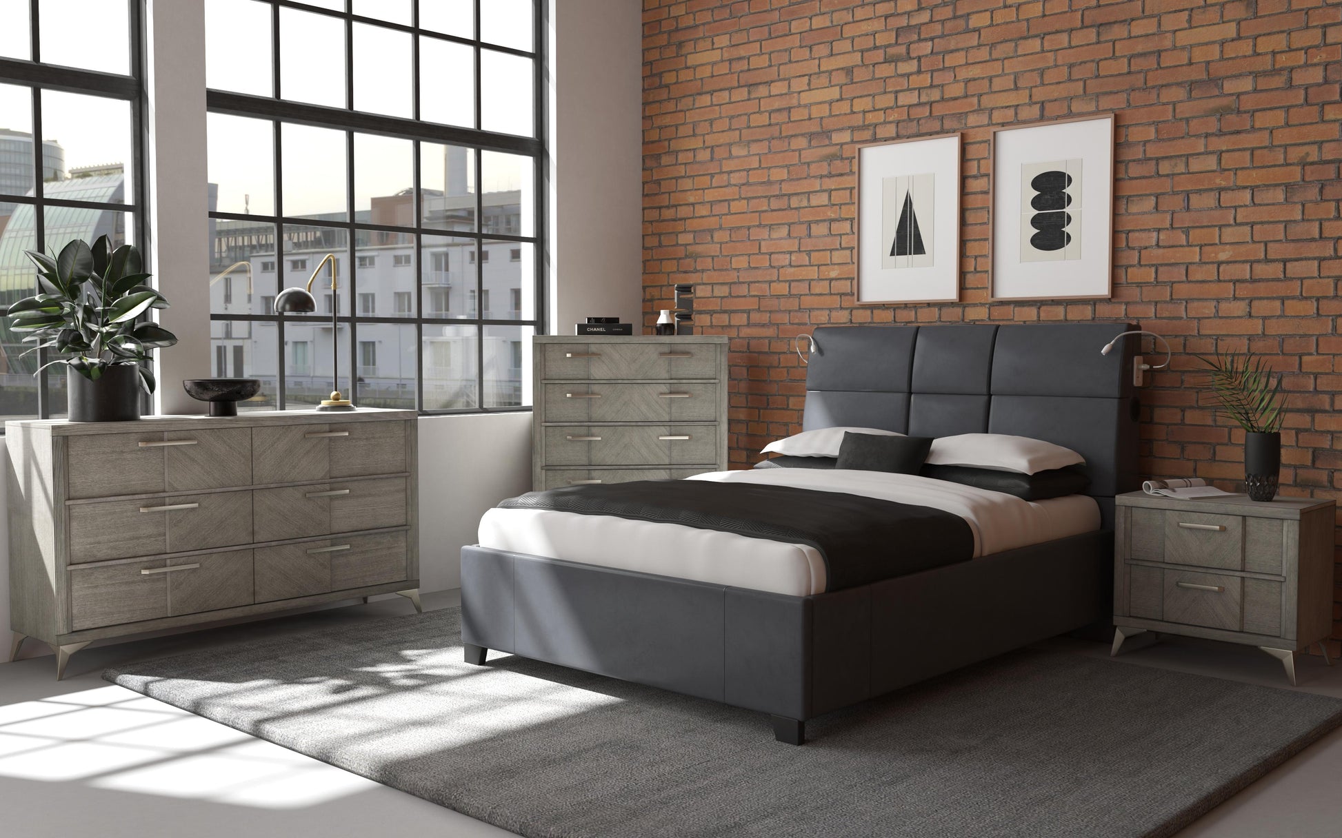 Dark grey upholstered bed with integrated reading lights and modern nightstand
