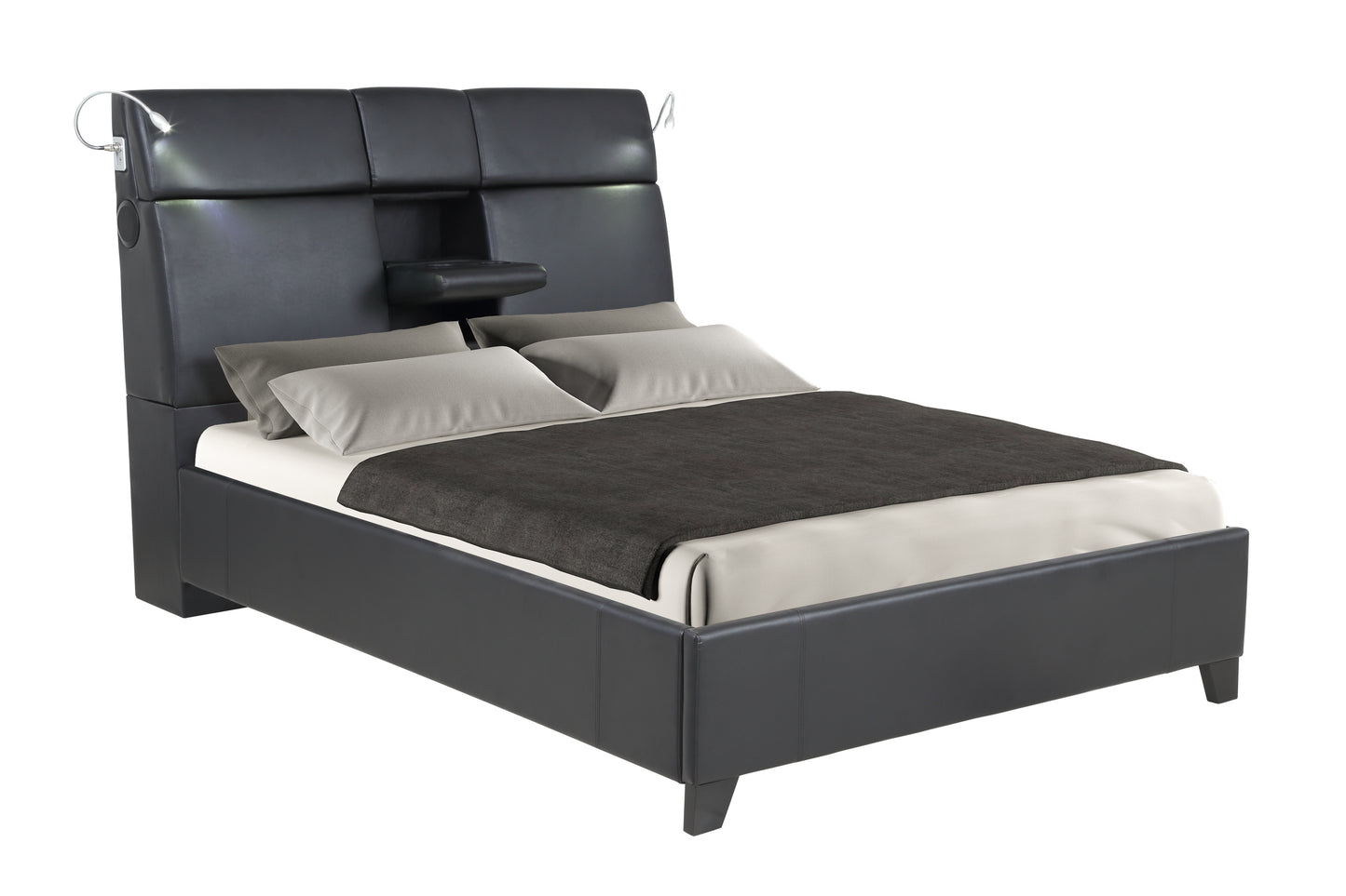 Modern black leather king bed with builtin reading lights and USB charging ports