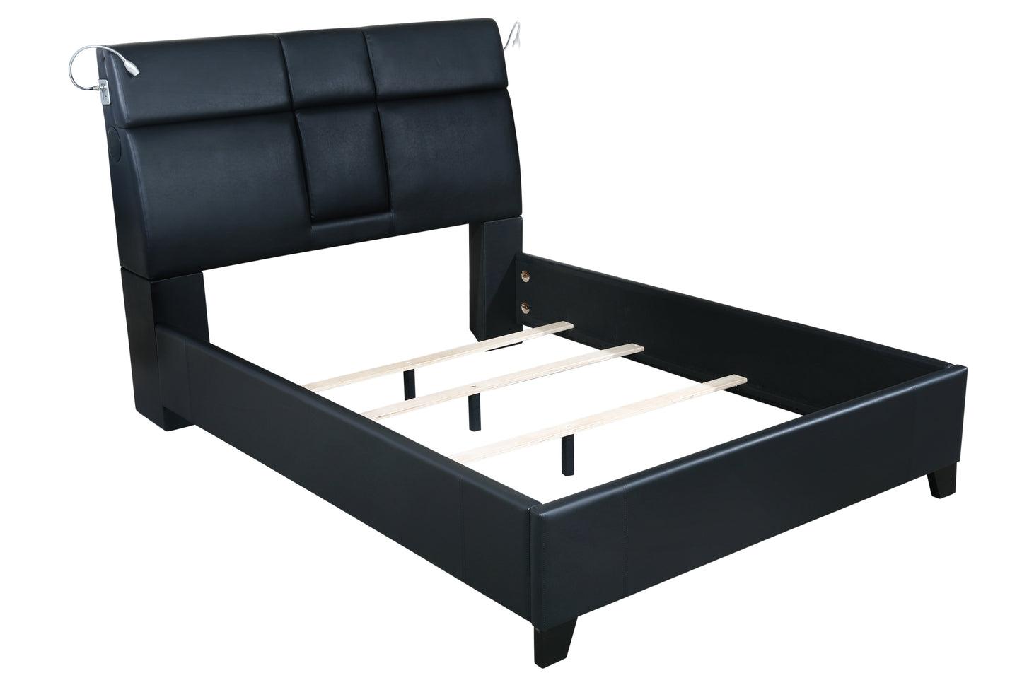 Black faux leather platform bed frame with headboard light and USB charger
