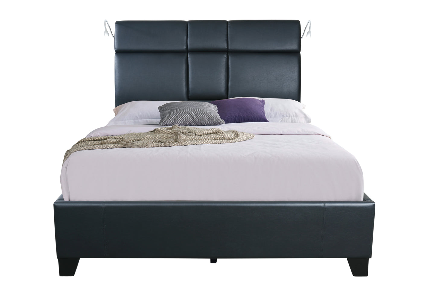 Dark gray faux leather platform bed with tufted headboard