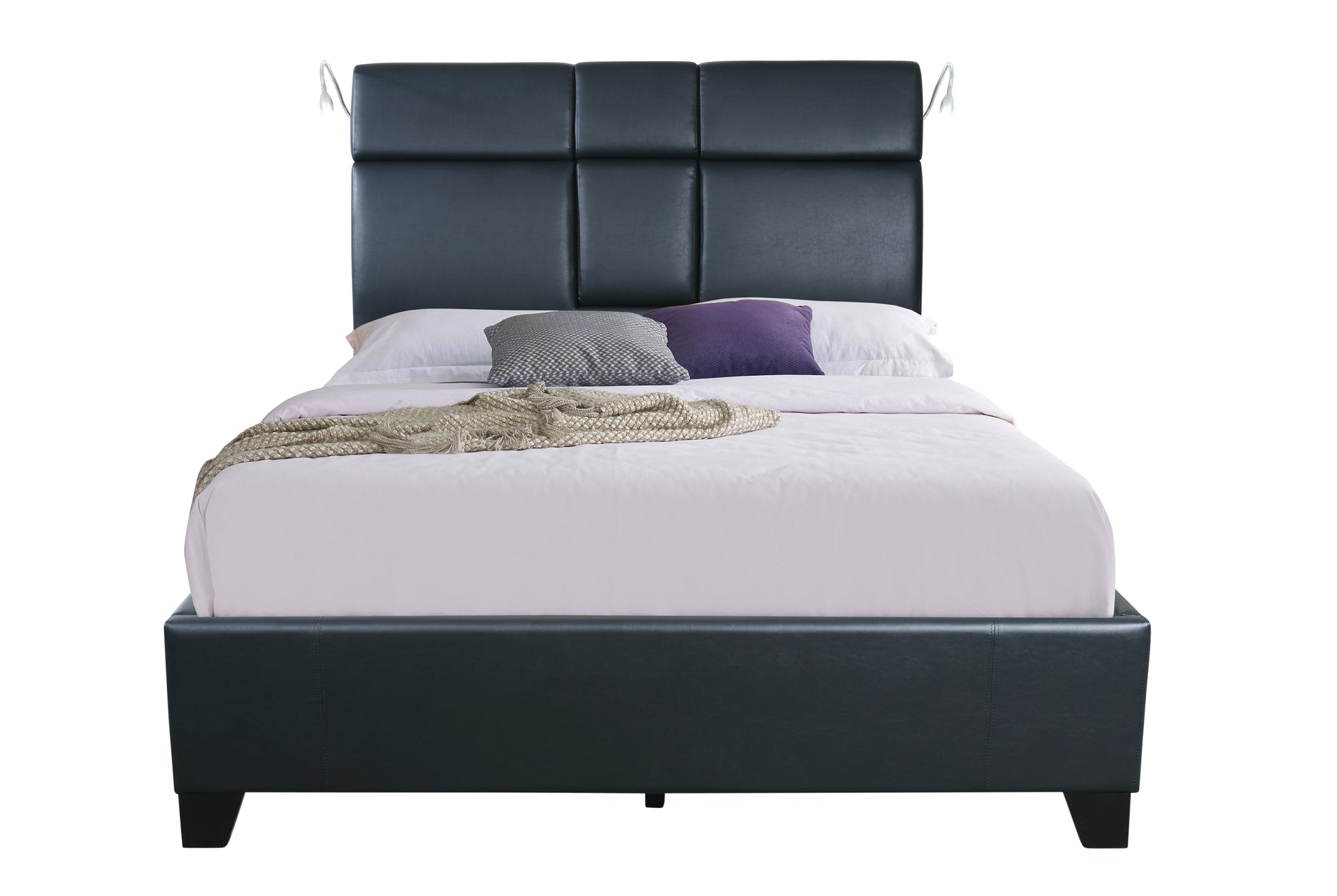 Dark gray faux leather platform bed with tufted headboard