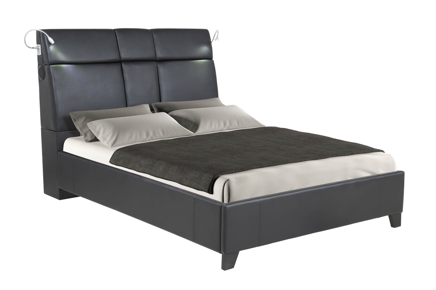 Black faux leather platform bed frame with builtin headboard lights and speaker