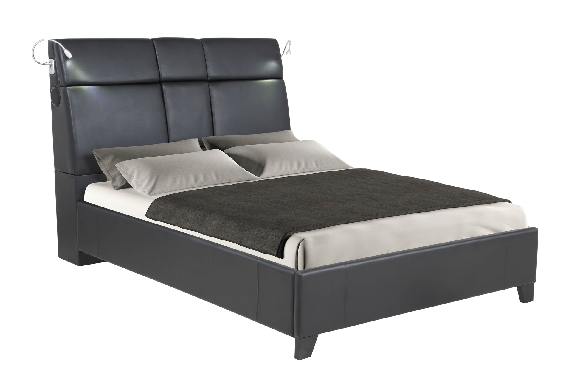 Black faux leather platform bed frame with builtin headboard lights and speaker