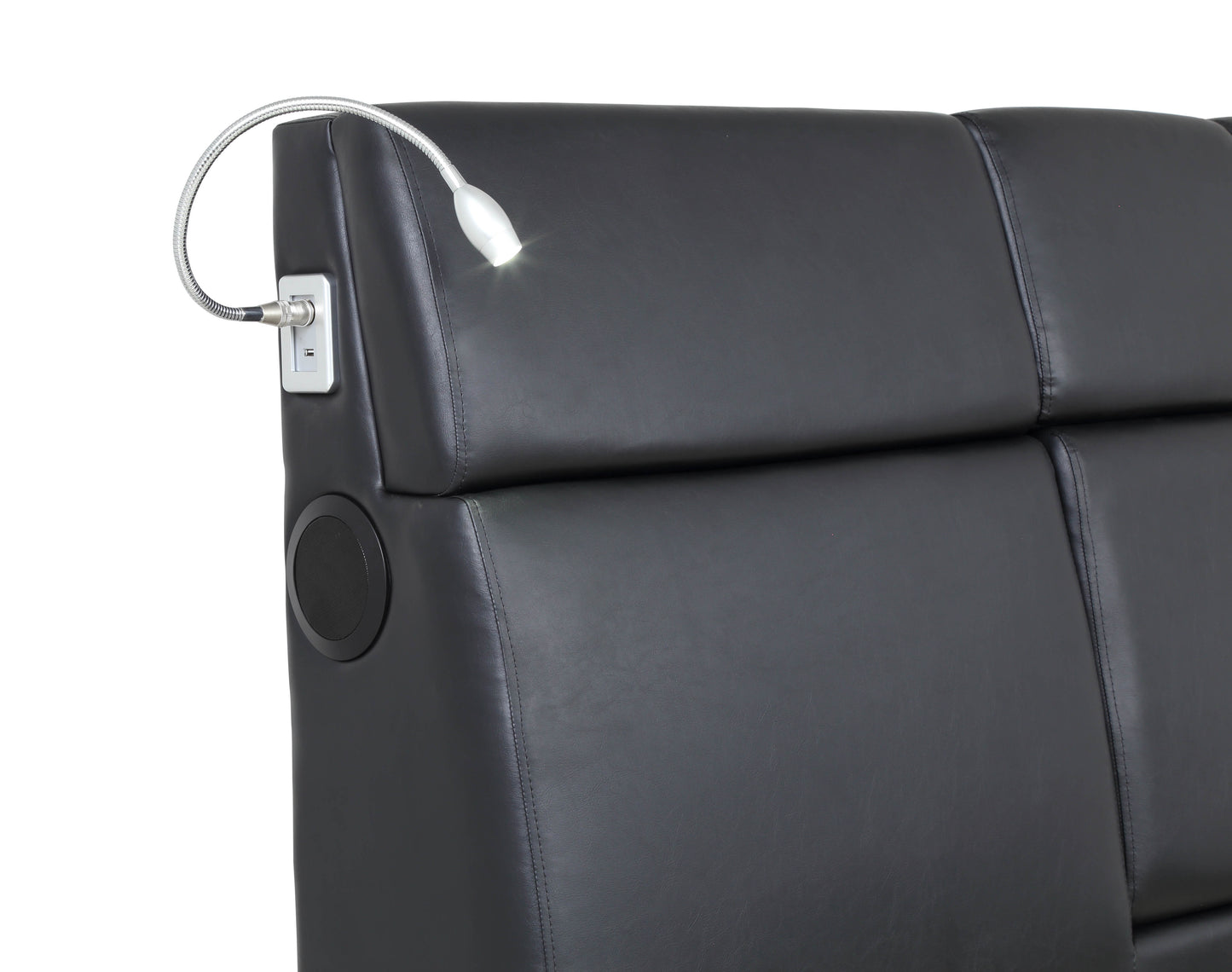 Black faux leather headboard with builtin adjustable reading lamp and USB port
