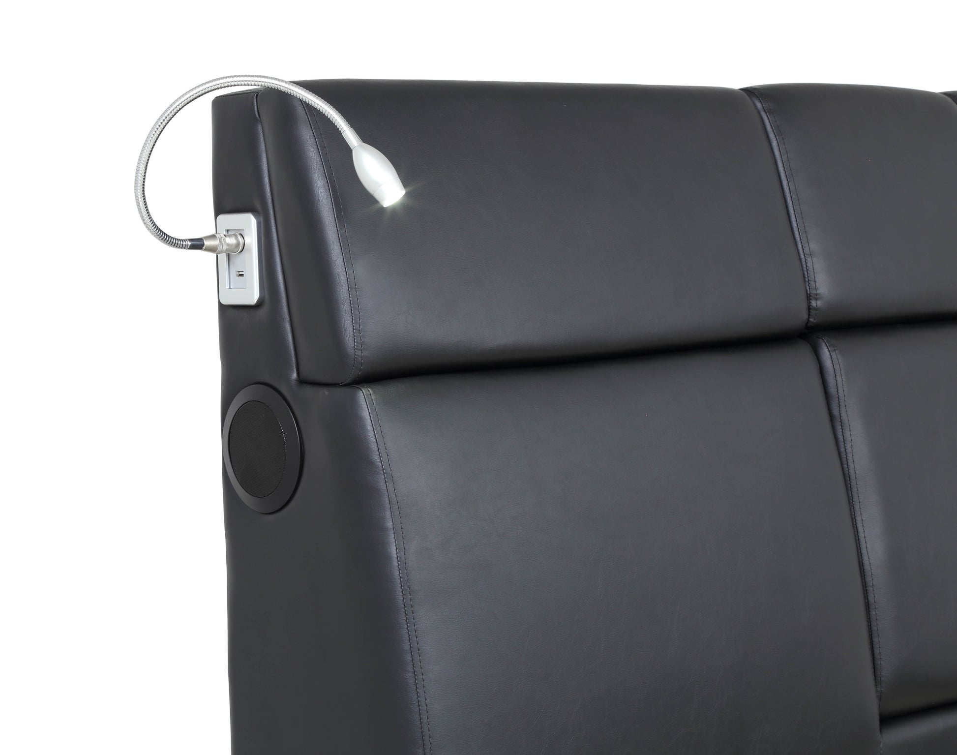 Black faux leather headboard with builtin adjustable reading lamp and USB port