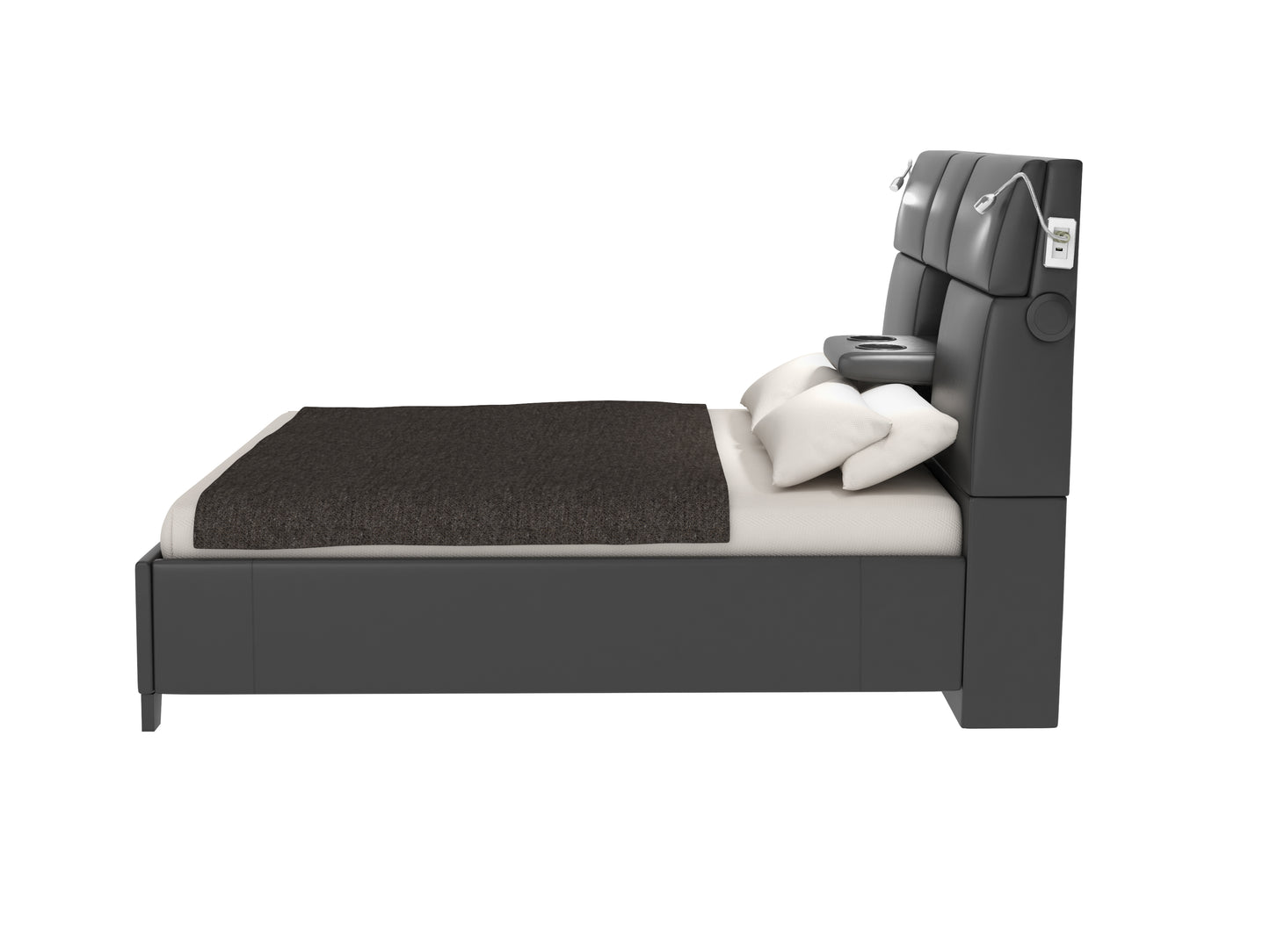 Modern grey upholstered platform bed with integrated USB ports and reading lights