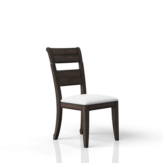 Dark wood dining chair with a slatted back and white upholstered seat