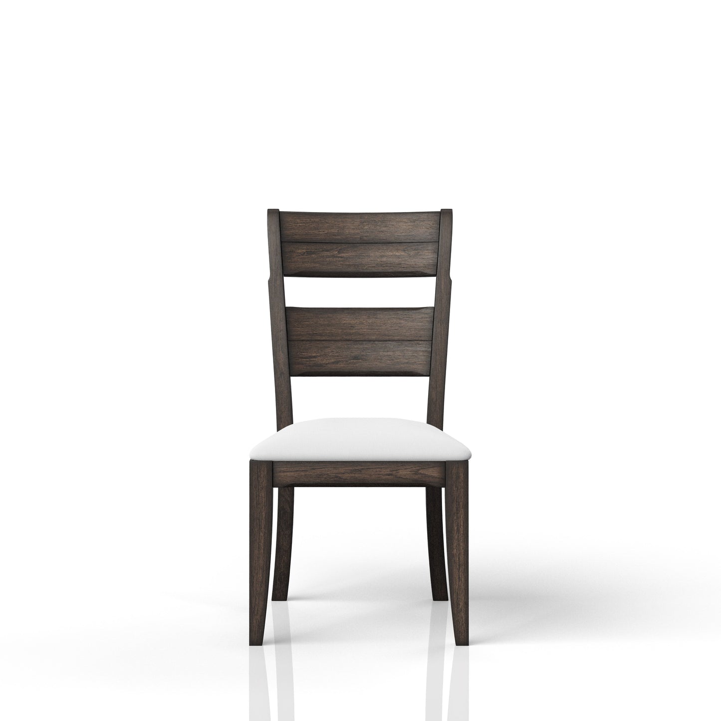 Dark brown wooden dining chair with white upholstered seat