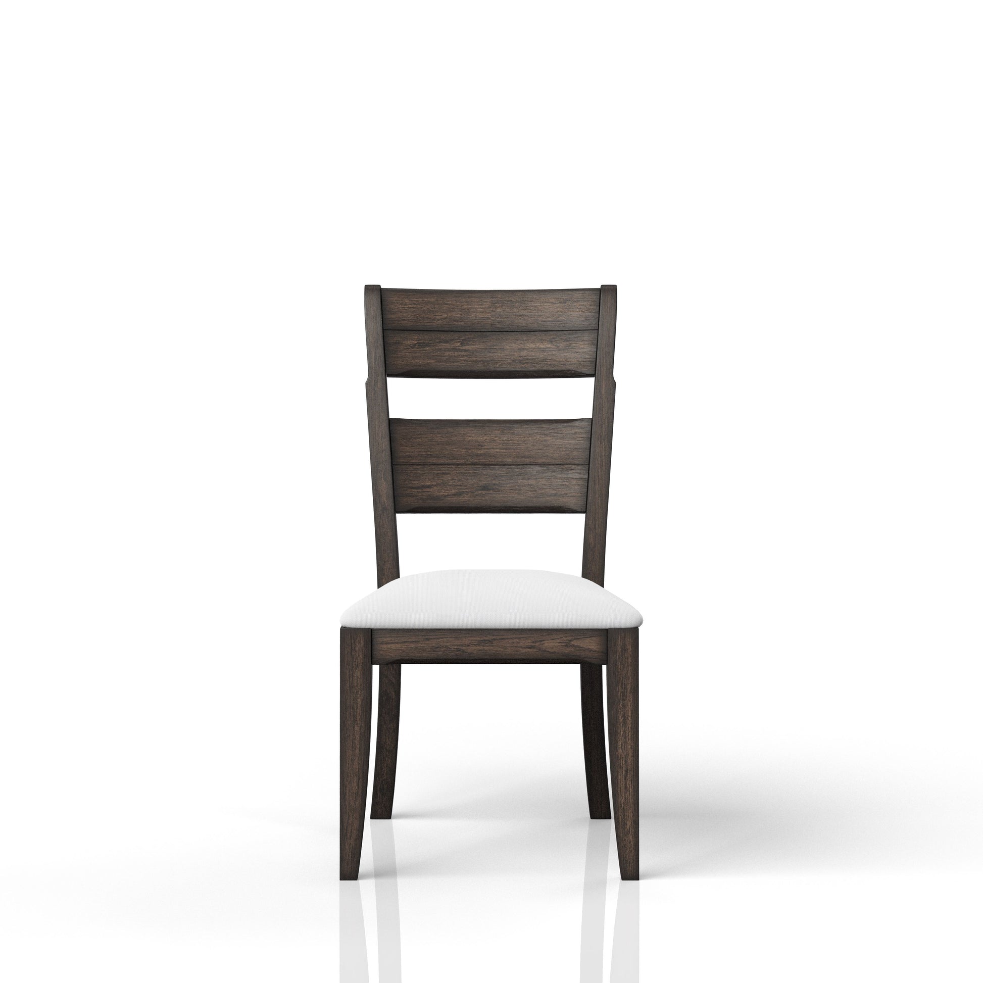 Dark brown wooden dining chair with white upholstered seat